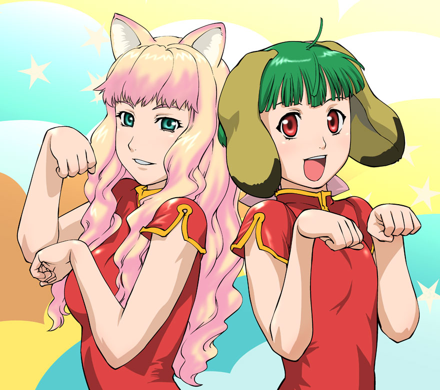 ueyama michirou, ranka lee, sheryl nome, macross, macross frontier, 00s, 2girls, animal ears, aqua eyes, baby animal, blue eyes, cat, cat ears, china dress, chinese clothes, curly hair, dog, dog ears, dress, green hair, long hair, multicolored hair, multiple girls, paw pose, puppy, red eyes, short hair, smile, waitress, wavy hair