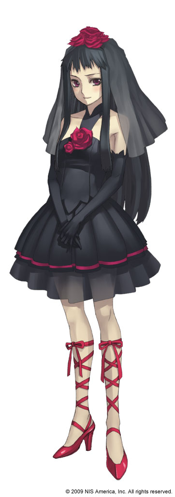 nagi ryou, jakuri (ar tonelico), ar tonelico, ar tonelico ii, gust, official art, 00s, 1girl, alternate costume, black hair, blush, bridal veil, bride, dark bride, dress, elbow gloves, female focus, flower, full body, gloves, gothic lolita, high heels, lolita fashion, long hair, rose, shoes, simple background, smile, solo, veil, wedding dress