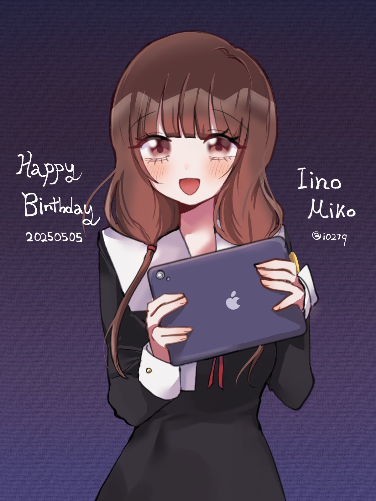 n1ku22a, iino miko, kaguya-sama wa kokurasetai ~tensai-tachi no renai zunousen~, 1girl, armband, black dress, brown eyes, brown hair, dress, low twintails, shuuchiin academy school uniform, tablet pc, twintails, yellow armband