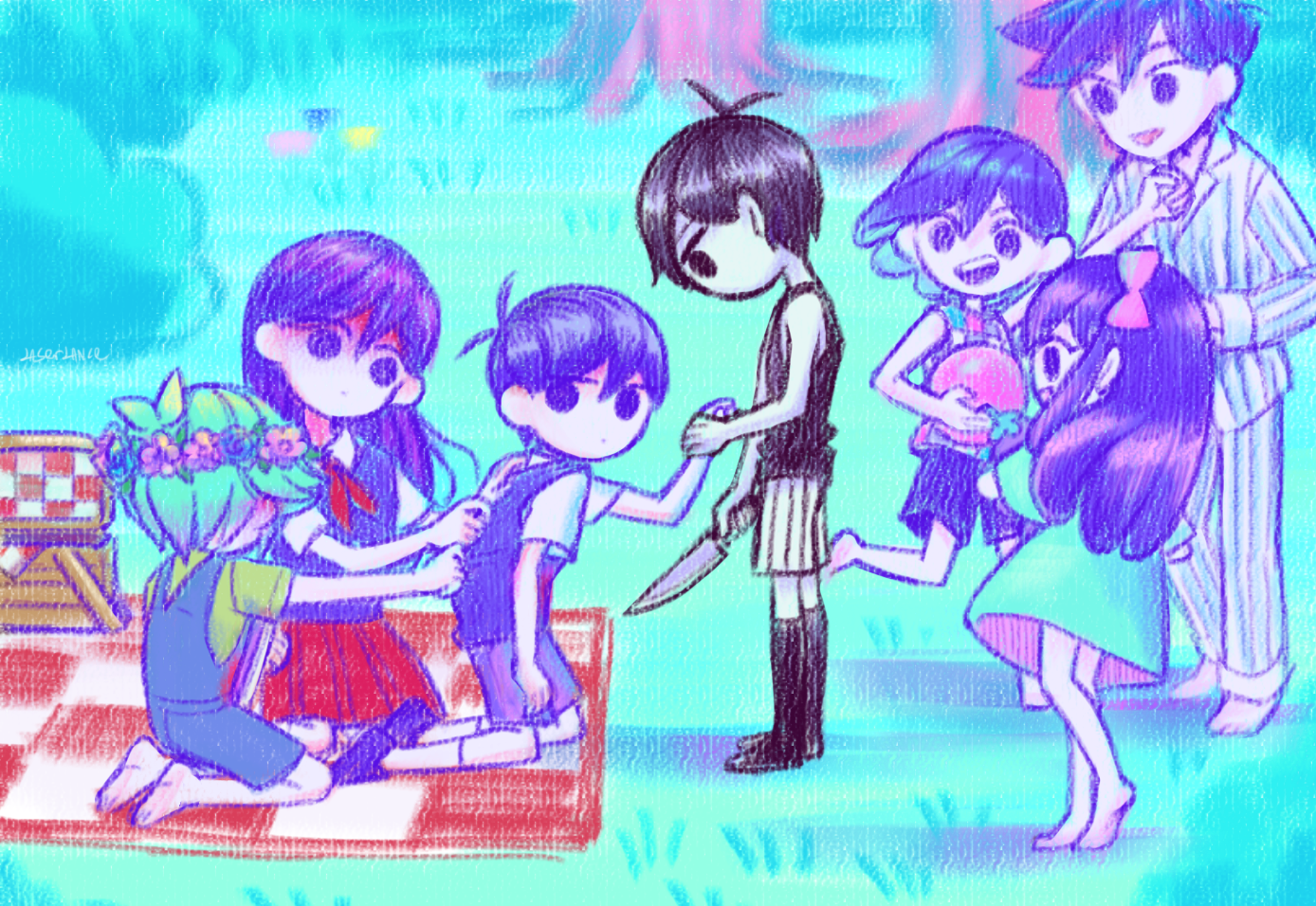 laser-lance, aubrey (headspace) (omori), aubrey (omori), basil (headspace) (omori), basil (omori), hero (headspace) (omori), hero (omori), kel (headspace) (omori), kel (omori), mari (headspace) (omori), mari (omori), mr. plantegg (omori), omori (omori), sunny (omori), omori, 2girls, 5boys, antenna hair, ball, barefoot, black eyes, black hair, black shoes, black socks, black sweater vest, black tank top, blue overalls, blue shirt, blurry, blurry background, bow, brothers, brown shorts, checkered blanket, checkered clothes, closed mouth, clothes grab, collared shirt, colored skin, double-parted bangs, dual persona, flower wreath, grass, green hair, green shirt, hair between eyes, hair bow, hand grab, head wreath, holding, holding ball, holding knife, holding stuffed toy, kneehighs, kneeling, knife, long hair, long shirt, long sleeves, looking at another, multiple boys, multiple girls, open mouth, outdoors, overall shorts, overalls, pajamas, pants, picnic basket, picnic blanket, pink bow, pleated skirt, purple eyes, purple hair, purple shorts, purple sweater vest, red skirt, seiza, shirt, shoes, short sleeves, shorts, siblings, sidelocks, sitting, skirt, smile, socks, standing, striped clothes, striped pajamas, striped pants, striped shorts, stuffed eggplant, stuffed toy, sweater vest, t-shirt, tank top, teeth, tree, upper teeth only, vertical-striped clothes, vertical-striped pajamas, vertical-striped pants, vertical-striped shorts, white shirt, white shorts, white skin, white socks