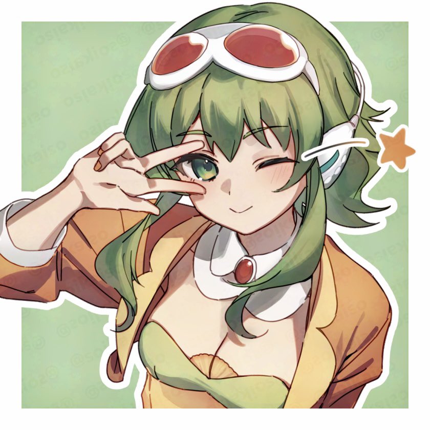 soikaiso, gumi, vocaloid, commentary, 1girl, blush, border, breasts, cleavage, detached collar, eyelashes, goggles, goggles on head, green background, green eyes, green hair, hair between eyes, jacket, long sleeves, looking at viewer, medium breasts, one eye closed, open clothes, open jacket, orange jacket, outline, red-tinted eyewear, red goggles, short hair, short hair with long locks, smile, solo, star (symbol), tinted eyewear, upper body, white border