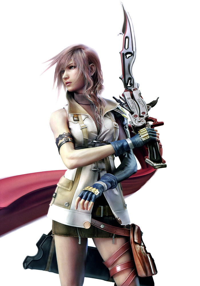 lightning farron, final fantasy, final fantasy xiii, official art, 10s, 1girl, 3d, cape, female focus, gloves, miniskirt, pink hair, skirt, solo, thigh strap, thighs