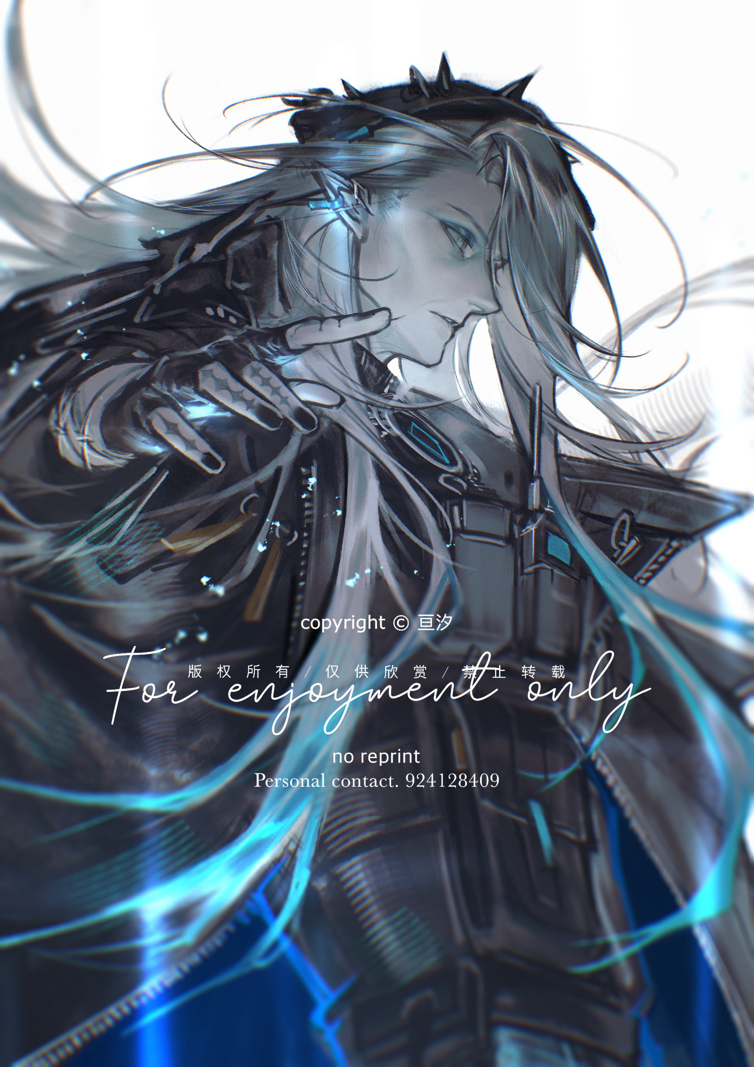 ephemeral vii, arknights, absurdres, commission, highres, 1girl, aqua eyes, aqua hair, grey hair, hair over one eye, long hair, mantra (arknights), old, old woman, pointy ears, snake girl, solo