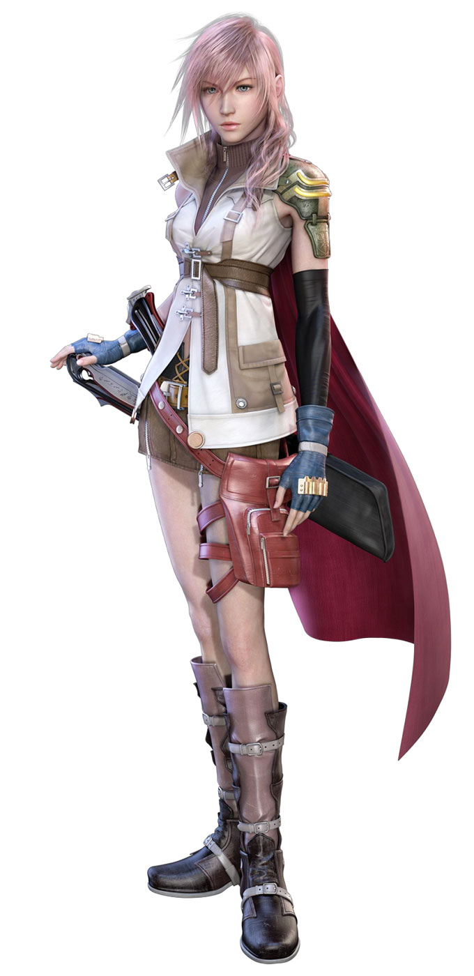 lightning farron, final fantasy, final fantasy xiii, highres, official art, 10s, 1girl, 3d, boots, cape, female focus, gloves, miniskirt, pink hair, skirt, solo, sword, thigh strap, weapon