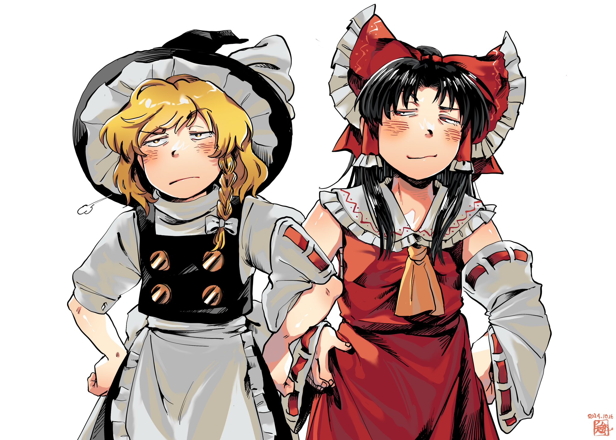 kokechankokko, hakurei reimu, kirisame marisa, touhou, commentary request, highres, 2girls, apron, ascot, black hair, blonde hair, blush, bow, braid, dated, detached sleeves, frilled bow, frilled hair tubes, frilled shirt collar, frills, hair bow, hair tubes, hand on own hip, hat, jitome, locked arms, long hair, long sleeves, looking at another, looking to the side, multiple girls, nontraditional miko, ribbon-trimmed sleeves, ribbon trim, shirt, short sleeves, side braid, skirt, skirt set, sleeveless, sleeveless shirt, smile, waist apron, witch hat, yellow eyes
