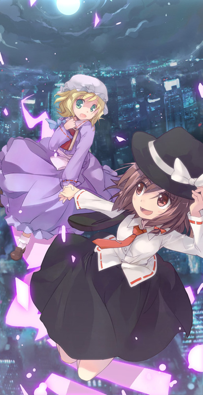 kurudaz, maribel hearn, usami renko, changeability of strange dream, ghostly field club, touhou, 2girls, blonde hair, blue eyes, book, brown hair, female focus, hat, moon, multiple girls, red eyes, ribbon, short hair