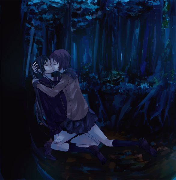 mochako (motyako), isayama yomi, tsuchimiya kagura, ga-rei, ga-rei zero, 00s, 2girls, dark, forest, hug, kiss, multiple girls, nature, school uniform, yuri