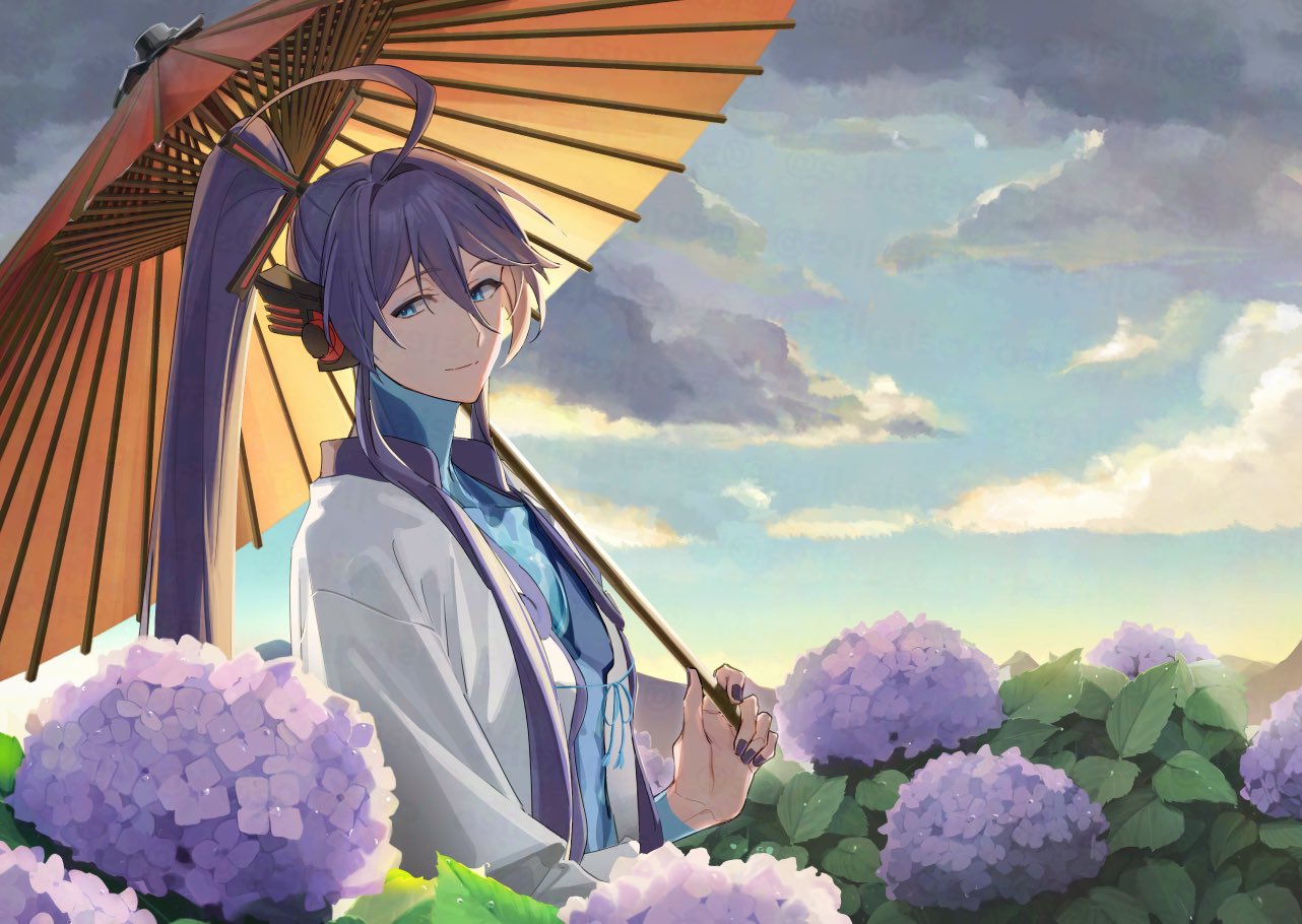 soikaiso, kamui gakupo, vocaloid, commentary, 1boy, blue eyes, blue sky, cloud, cloudy sky, flower, from side, hair between eyes, headphones, holding, holding umbrella, hydrangea, japanese clothes, light smile, long hair, long sleeves, looking at viewer, male focus, nail polish, outdoors, ponytail, purple flower, purple hair, purple nails, ribbon, sky, smile, solo, umbrella, upper body, very long hair