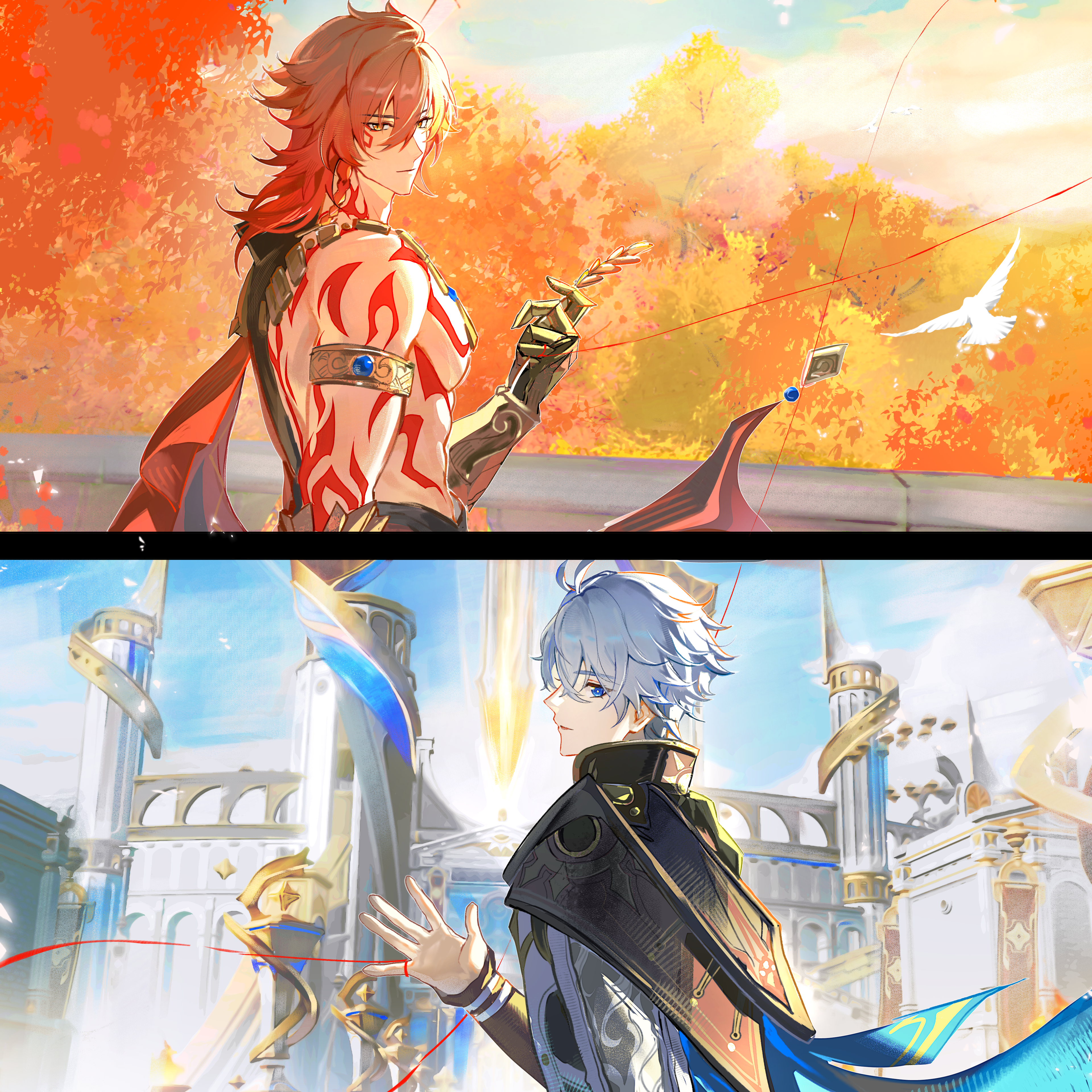 qiaose33912, mydei (honkai: star rail), phainon (honkai: star rail), honkai: star rail, honkai (series), absurdres, chinese commentary, commentary request, highres, 2boys, abs, antenna hair, arm tattoo, armlet, armor, back tattoo, black coat, black shirt, blonde hair, blue cape, blue eyes, braid, cape, chest tattoo, clawed gauntlets, coat, earrings, facial tattoo, gold earrings, gold necklace, gradient hair, jewelry, male focus, medium hair, multicolored hair, multiple boys, necklace, open clothes, open coat, parted bangs, pauldrons, red cape, red hair, red tattoo, shirt, short hair, shoulder armor, side braid, side cape, single pauldron, tattoo, toned, toned male, white coat, white hair, yellow eyes