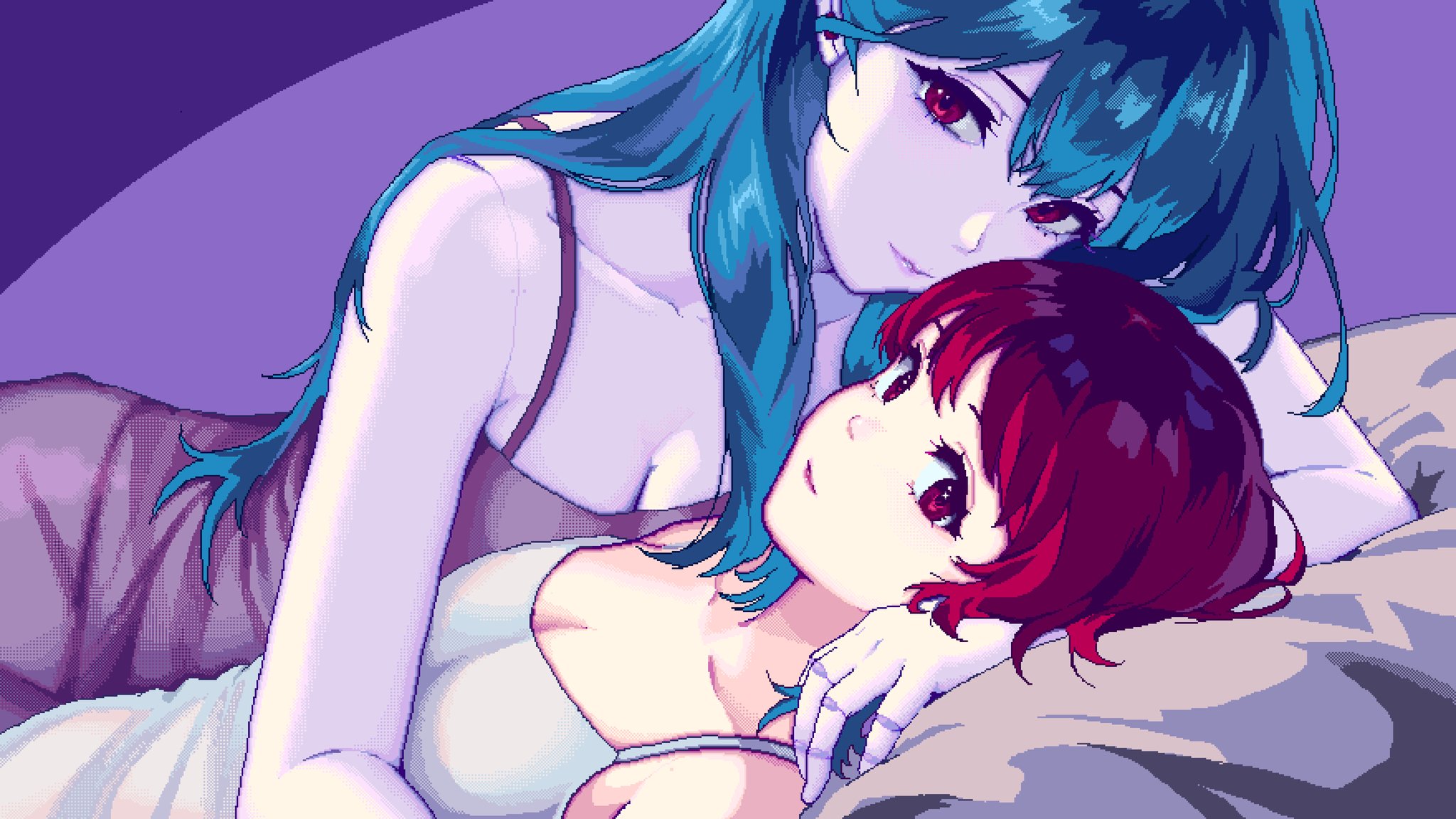 wmmzkl, dorothy haze, kira miki, va-11 hall-a, highres, 2girls, android, blue hair, breasts, cleavage, long hair, looking at viewer, multiple girls, on bed, pillow, red eyes, red hair, short hair, white singlet