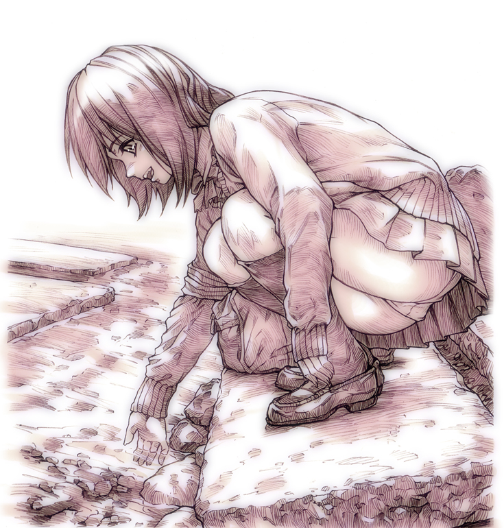 hisahiko, 1girl, female focus, monochrome, panties, pantyshot, school uniform, skirt, solo, squatting, underwear, water