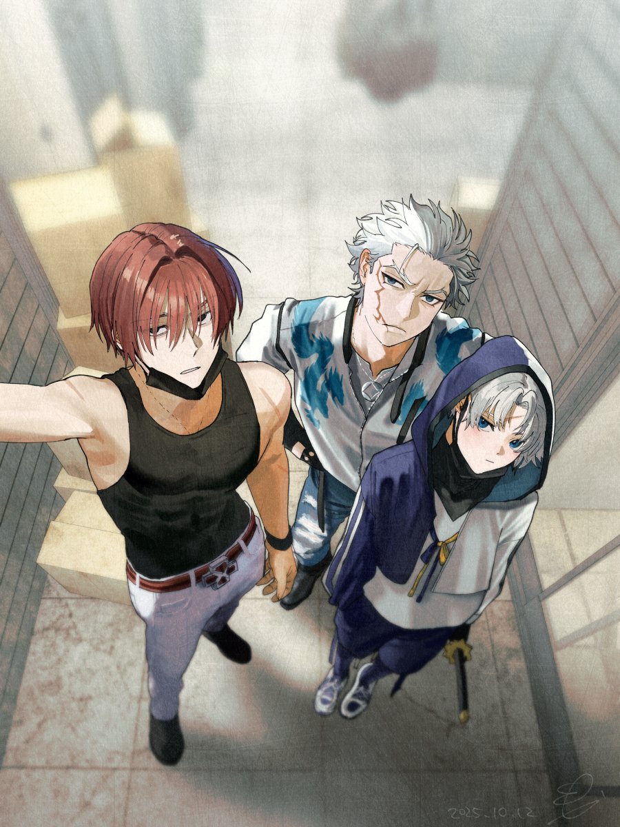 momoka (abc momoka0718), harada sanosuke (fate), shimura shinpachi, toudou heisuke (fate), fate/grand order, fate (series), highres, 3boys, arm up, arms at sides, belt, black shirt, blue eyes, blue shorts, blurry, blurry background, box, closed mouth, compression shirt, cropped jacket, denim, expressionless, from above, full body, gloves, hair intakes, hands in pockets, holding, holding sword, holding weapon, hood, hooded jacket, jacket, jeans, jewelry, katana, light frown, male focus, mask, mouth mask, multiple boys, necklace, pants, parted lips, print jacket, red hair, scar, scar on face, selfie, shirt, shoes, shorts, sleeveless, sneakers, standing, sword, torn clothes, torn jeans, torn pants, weapon, white hair, white pants, wristband