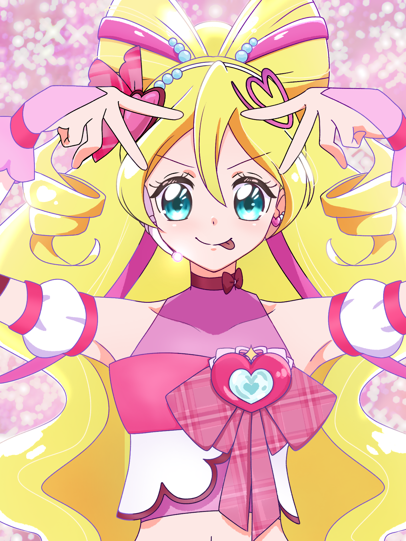 cure idol, sakura uta (precure), kimi to idol precure, oshi no ko, precure, commentary, highres, 1girl, :p, arm warmers, armpits, arms up, bare shoulders, blonde hair, blue eyes, blurry, blurry background, blush, bokeh, bow, bow-shaped hair, bridal gauntlets, brooch, closed mouth, collarbone, crop top, depth of field, detached sleeves, double-parted bangs, double v, drill hair, earrings, hair between eyes, hair bun, hair ornament, hair ribbon, hairband, headset, heart, heart brooch, heart earrings, heart hair bun, heart hair ornament, hoshino ai's pose, idol, idol heart brooch (precure), impossible hair, jewelry, long hair, looking at viewer, magical girl, midriff, navel, parody, pink background, pink bridal gauntlets, pink ribbon, pink theme, pink wrist cuffs, plaid bow, puffy detached sleeves, puffy sleeves, ribbon, single arm warmer, single earring, sleeveless, smile, solo, split mouth, tongue, tongue out, twin drills, upper body, user tzgg8225, v, v over eye, very long hair, white arm warmers, white hairband, wrist cuffs