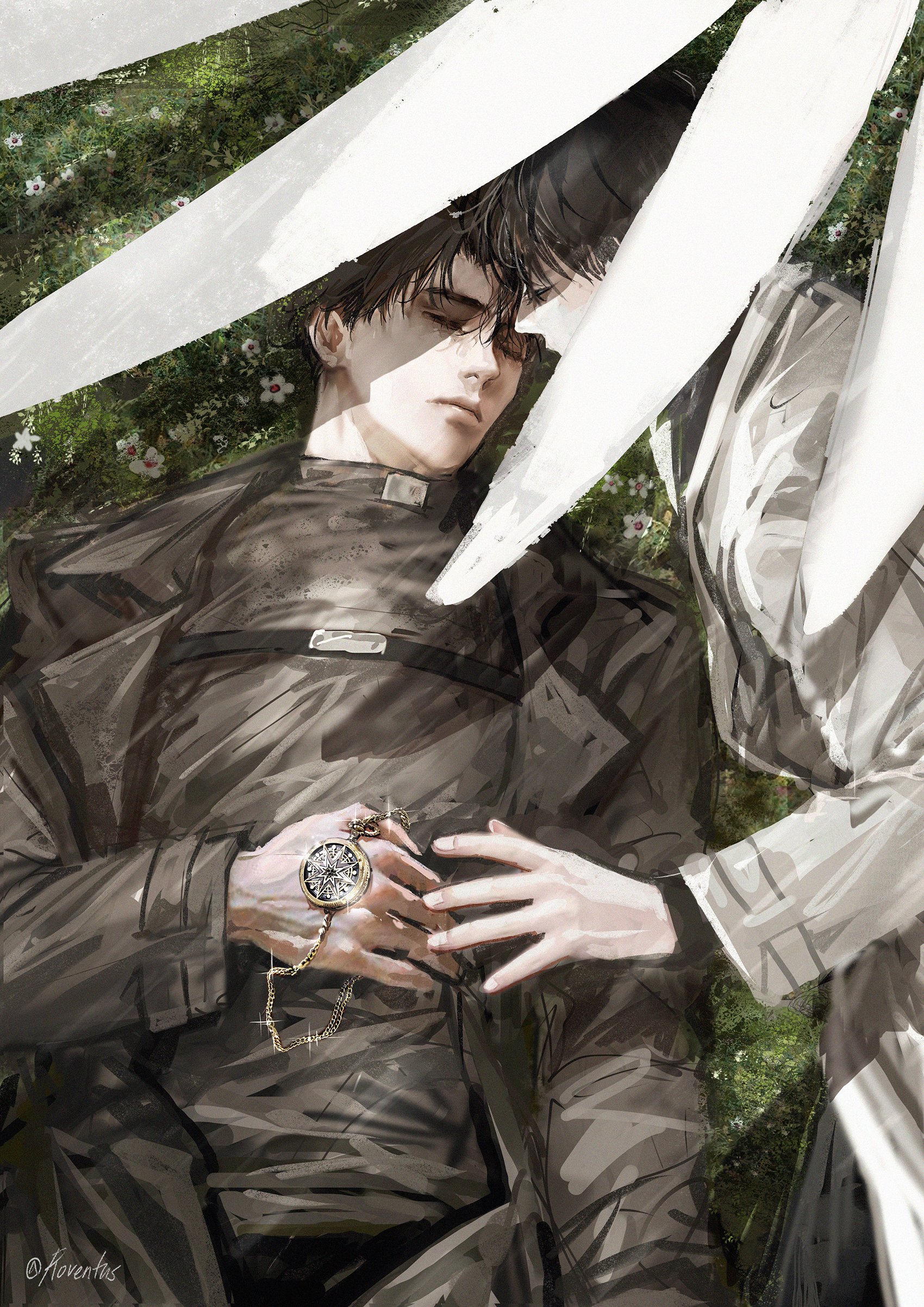 kim dokja, yoo joonghyuk, omniscient reader's viewpoint, absurdres, highres, 2boys, black coat, black hair, black shirt, closed eyes, coat, feathered wings, field, forehead-to-forehead, grass, hand on own chest, heads together, holding, holding pocket watch, implied yaoi, lying, male focus, multiple boys, on back, on ground, open clothes, open coat, pocket watch, reaching, reaching towards another, roventus, shirt, short hair, watch, white coat, white wings, wings