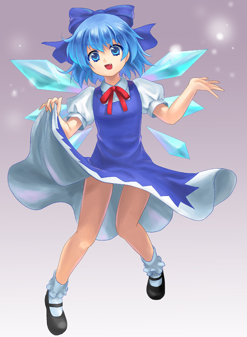 geroro, cirno, embodiment of scarlet devil, touhou, bad id, bad pixiv id, 1girl, blue eyes, blue hair, clothes lift, dress, dress lift, fang, female focus, flying, full body, gradient background, legs, matching hair/eyes, ribbon, short hair, snow, socks, solo, white background, wings