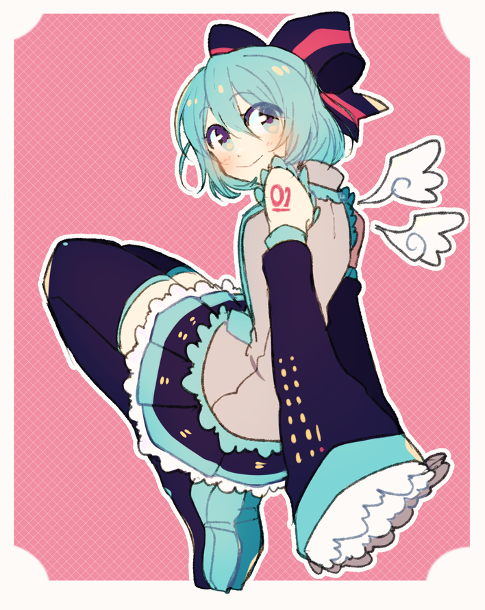 hikusa, hatsune miku, vocaloid, 1girl, alternate hair length, alternate hairstyle, arms behind back, blue eyes, blue hair, boots, border, bow, detached sleeves, detached wings, frilled skirt, frilled sleeves, frills, full body, hair bow, knees up, long sleeves, looking back, looking to the side, necktie, pink background, pleated skirt, shirt, short hair, skirt, sleeveless, sleeveless shirt, sleeves past fingers, sleeves past wrists, smile, solo, thigh boots, white border, wings