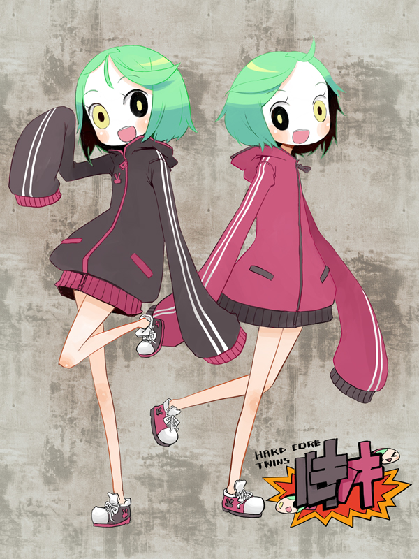 kirari chito, luki, noki, dogs: bullets & carnage, bad id, bad pixiv id, ahoge, blush, green hair, gym uniform, heterochromia, jacket, track jacket