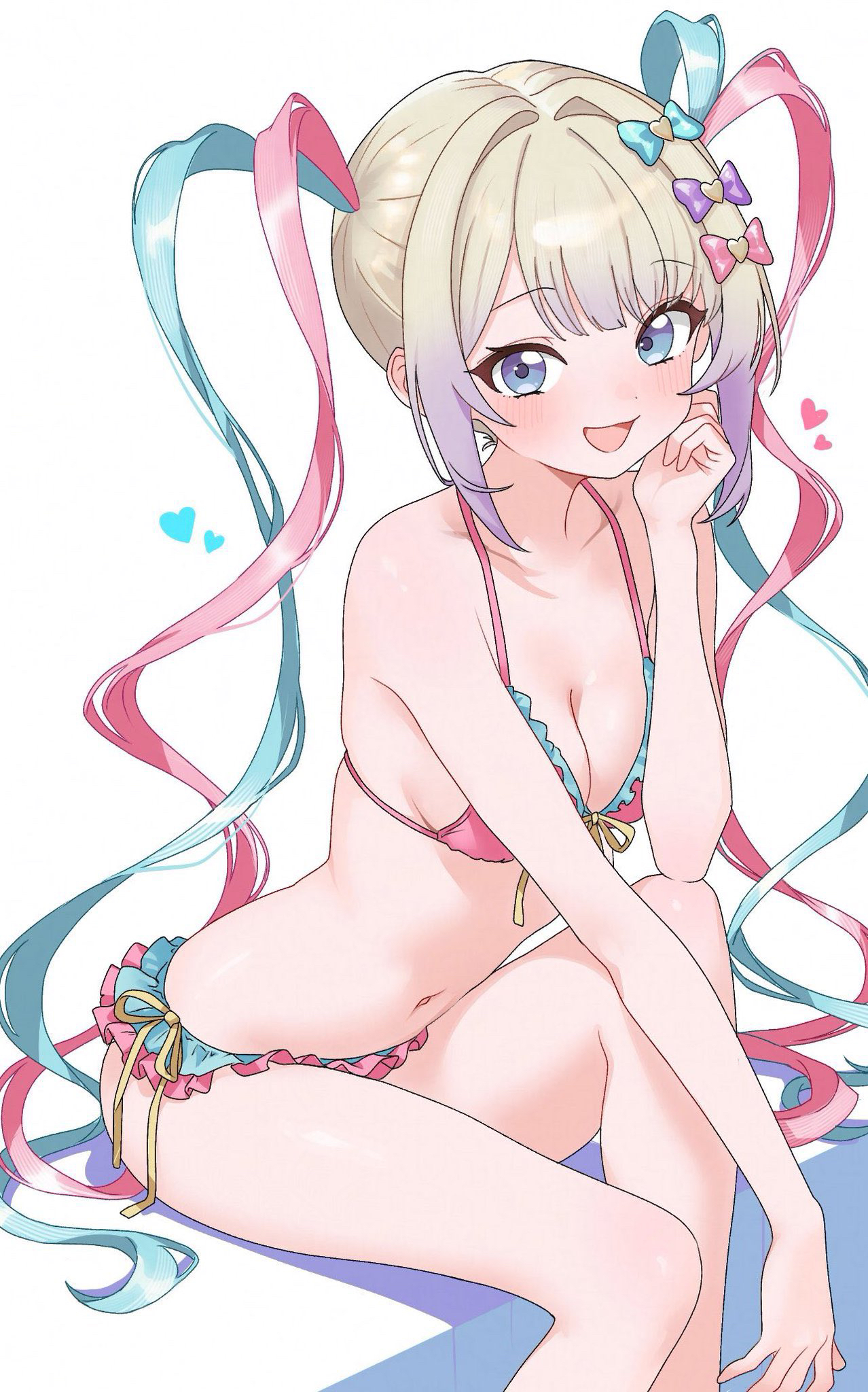 inami (x spidekawaii x), chouzetsusaikawa tenshi-chan, needy girl overdose, commentary, highres, 1girl, :d, alternate costume, bikini, blonde hair, blue bikini, blue bow, blue eyes, blue hair, blush, bow, breasts, cleavage, collarbone, elbow on knee, feet out of frame, frilled bikini, frills, gradient hair, hair bow, hair intakes, hair ornament, halterneck, hand on own face, hand up, happy, heart, heart hair ornament, knee up, leaning forward, long hair, looking at viewer, medium breasts, multicolored bikini, multicolored hair, multiple hair bows, navel, open mouth, pink bikini, pink bow, pink hair, purple bow, quad tails, ribbon, shadow, sidelocks, simple background, sitting, smile, solo, stomach, swimsuit, two-tone bikini, very long hair, white background, yellow ribbon