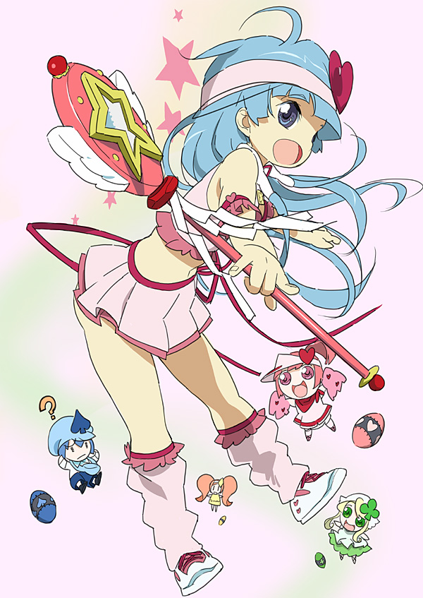 kawasaki kazuhiko, amulet heart, dia (shugo chara!), hinamori amu, miki (shugo chara!), nagi, ran (shugo chara!), suu (shugo chara!), kannagi, shugo chara!, 5girls, amulet heart (cosplay), blue hair, cosplay, hinamori amu (cosplay), long hair, loose socks, magical girl, multiple girls, socks, wand