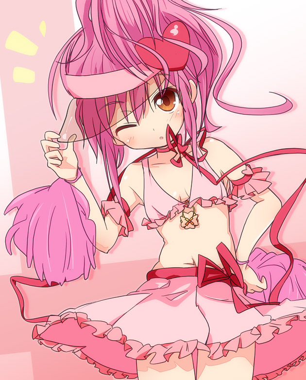 ixy, amulet heart, hinamori amu, shugo chara!, visor, 1girl, brown eyes, child, choker, female focus, flat chest, frills, hair ornament, hair up, hairband, heart, magical girl, midriff, one eye closed, open mouth, pink hair, pom pom (cheerleading), ribbon, skirt, solo, visor cap, wink, wristband