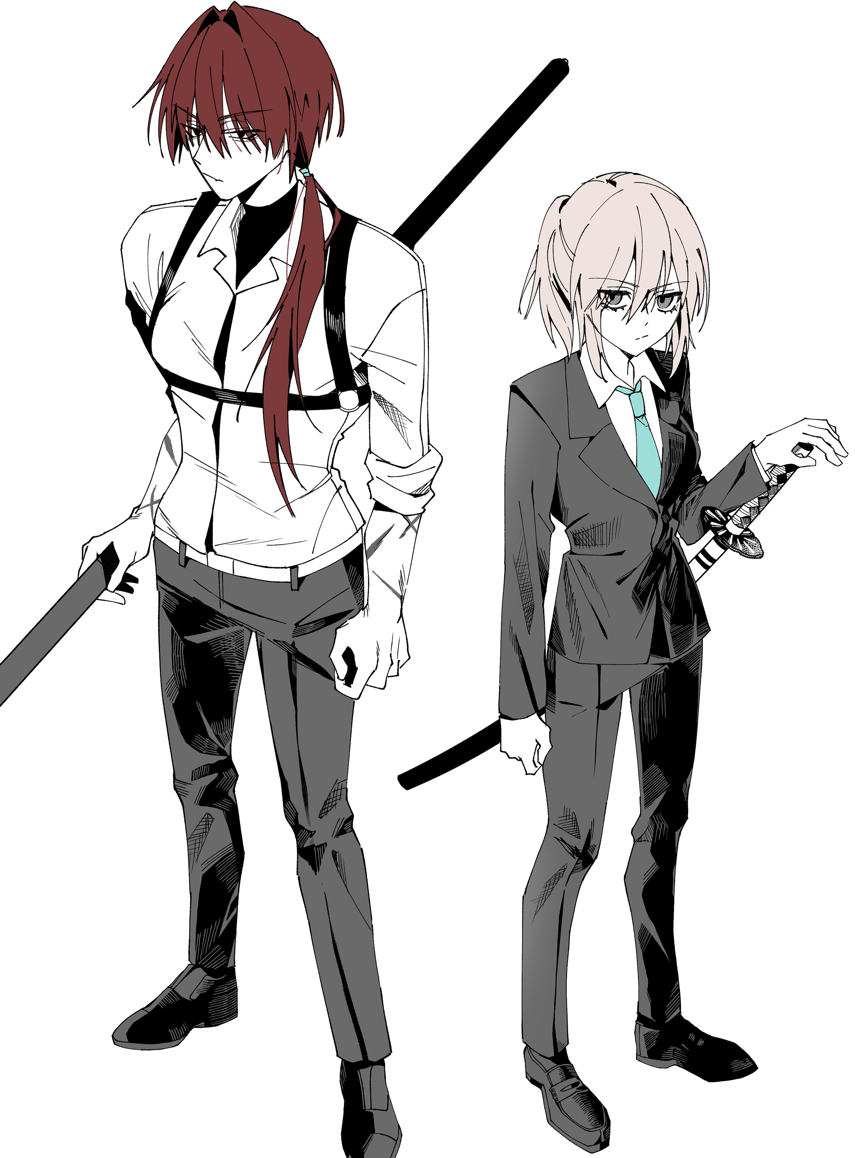 tuukounin1, harada sanosuke (fate), okita souji (fate), fate/grand order, fate (series), absurdres, highres, 1boy, 1girl, alternate costume, black eyes, black pants, black suit, formal clothes, frown, full body, green necktie, grey eyes, hair intakes, hand on hilt, holding, holding polearm, holding weapon, katana, looking at viewer, multiple scars, necktie, pants, partially unbuttoned, pink hair, polearm, ponytail, red hair, scar, shirt, short ponytail, side ponytail, suit, sword, weapon, white shirt