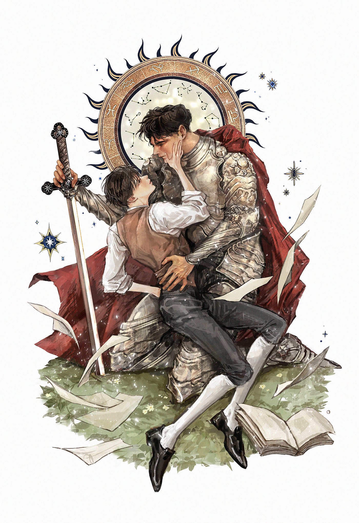 yoo joonghyuk, omniscient reader's viewpoint, highres, variant set, 2boys, armor, black hair, book, brown vest, cape, constellation, flying paper, full body, grass, hand on another's face, hand on another's waist, kneeling, knight, male focus, multiple boys, oldest dream, open book, paper, planted, planted sword, planted weapon, red cape, roventus, seiza, shirt, short hair, sitting, sitting on lap, sitting on person, sleeves rolled up, sparkle, starry sky print, sun behind head, sun print, sword, vest, weapon, white shirt, zodiac