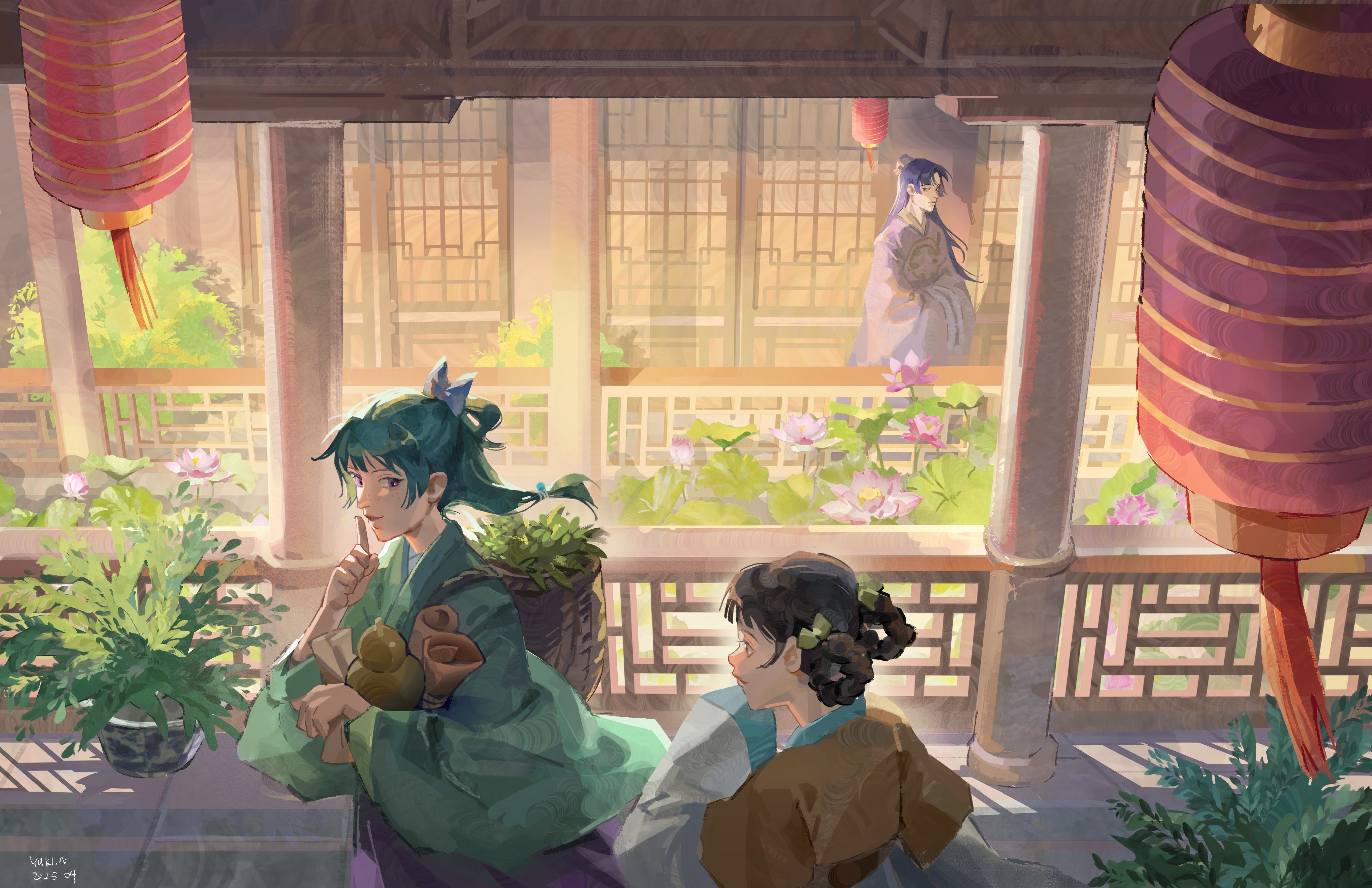 yukinnn, jinshi (kusuriya no hitorigoto), maomao (kusuriya no hitorigoto), xiaolan (kusuriya no hitorigoto), kusuriya no hitorigoto, absurdres, highres, 1boy, 2girls, architecture, beads, blue ribbon, blunt bangs, braid, braided hair rings, brown hair, bun cover, chinese clothes, east asian architecture, finger to mouth, green hair, green shirt, hair beads, hair bun, hair ornament, hair ribbon, hair rings, half updo, hand to own mouth, holding, holding jar, holding scroll, jar, lantern, long hair, looking at another, multiple girls, parted bangs, purple hair, ribbon, scroll, shirt, sidelocks, upper body, wide sleeves