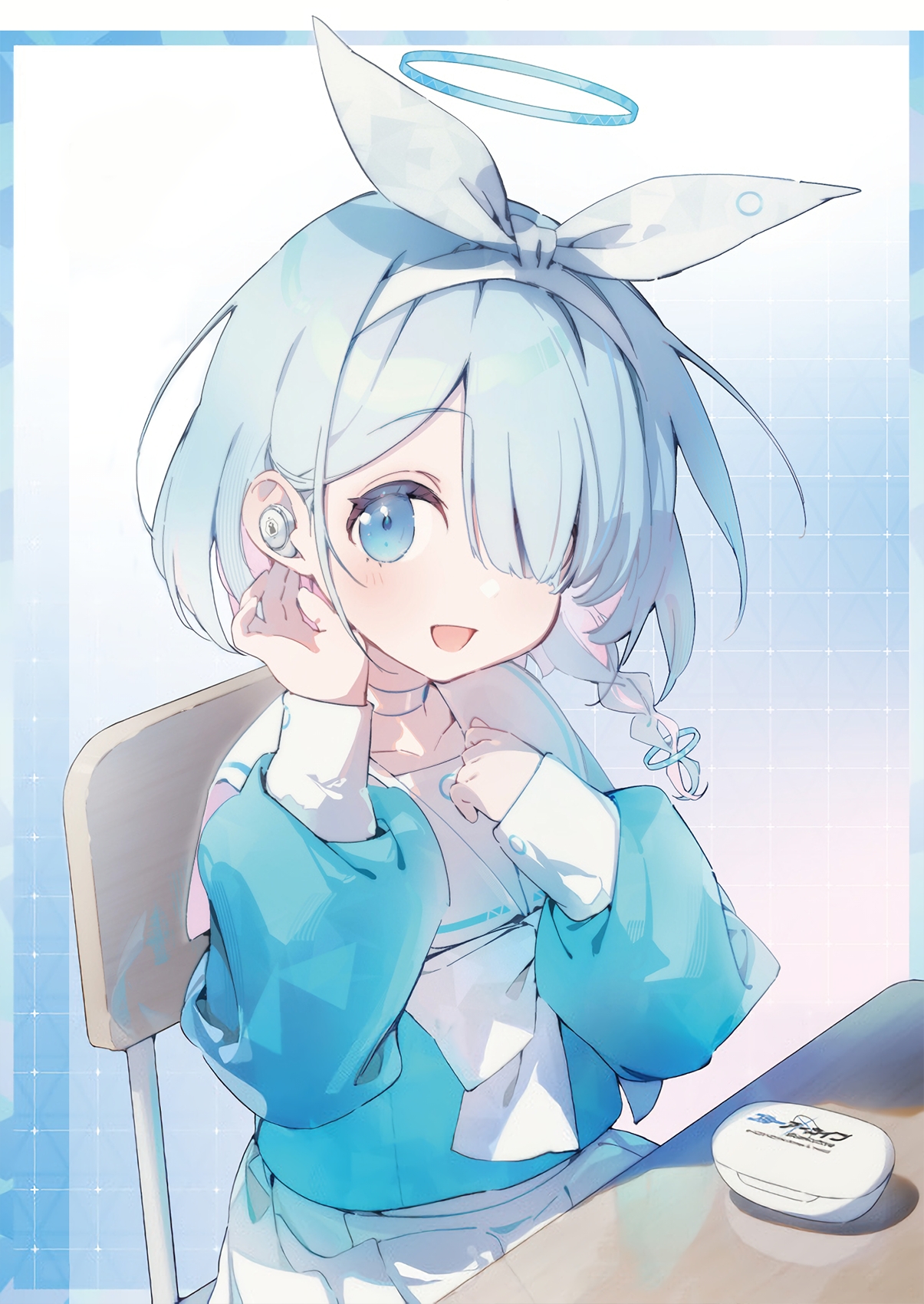 yatsuha (hachiyoh), arona (blue archive), blue archive, highres, official art, 1girl, blue hair, blue halo, blue serafuku, blue shirt, bow hairband, braid, chair, choker, colored inner hair, desk, earbuds, earphones, hair over one eye, hairband, halo, headphones, holding, holding earphones, holding headphones, looking at viewer, multicolored hair, neckerchief, on chair, open mouth, pink hair, ribbon, sailor collar, school chair, school desk, school uniform, serafuku, shirt, short hair, single braid, sitting, upper body, white choker, white neckerchief, white ribbon, white sailor collar