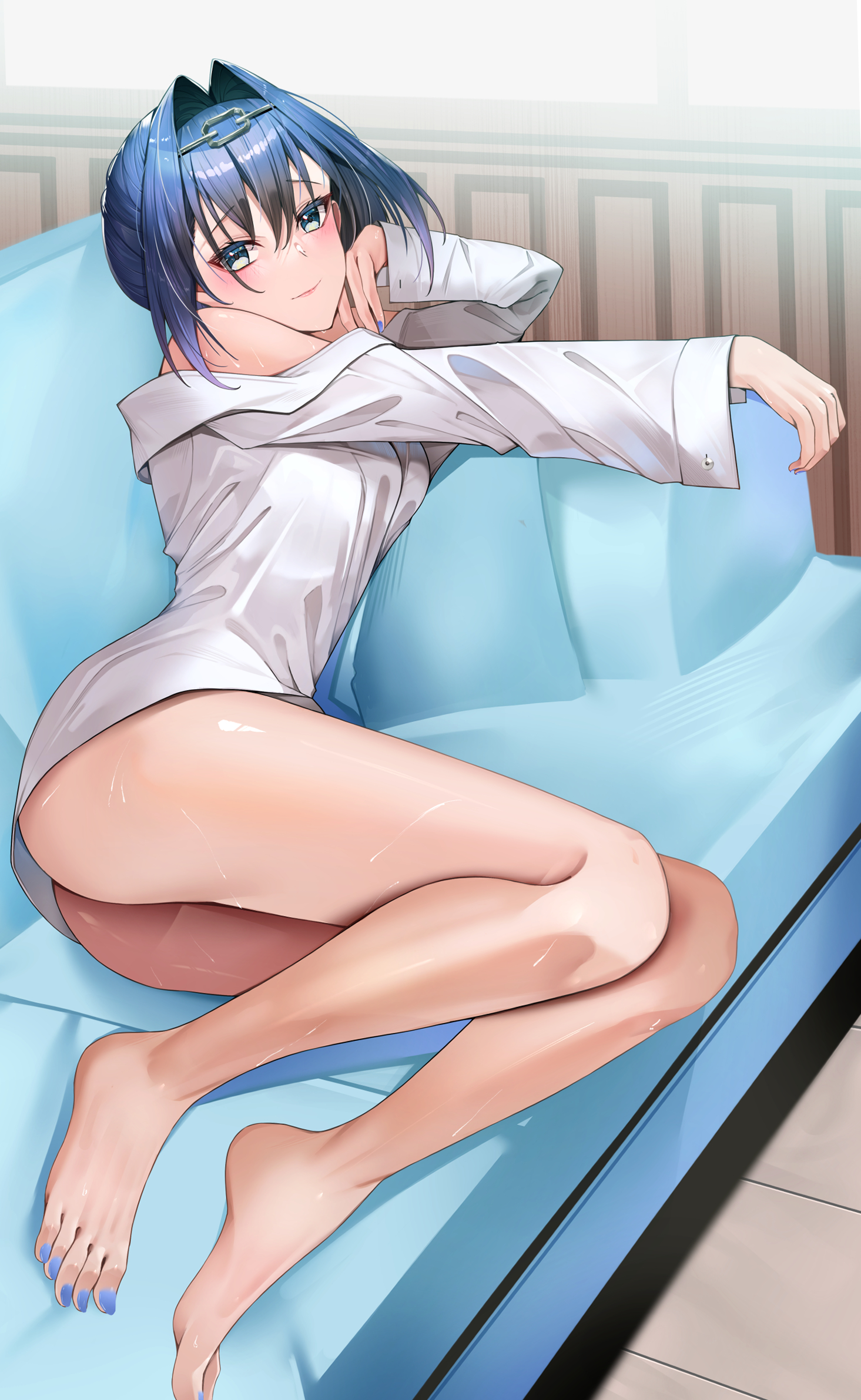 misa pika, ouro kronii, hololive, hololive english, hashtag-only commentary, highres, 1girl, alternate costume, ass, bare legs, barefoot, blue eyes, blue hair, blue nails, breasts, chain, chain headband, choppy bangs, closed mouth, couch, feet, hair intakes, head rest, light blush, light smile, long sleeves, looking at viewer, loose clothes, loose shirt, lying, nail polish, no pants, on couch, on side, reclining, shirt, short hair, solo, toenail polish, toenails, virtual youtuber, white shirt