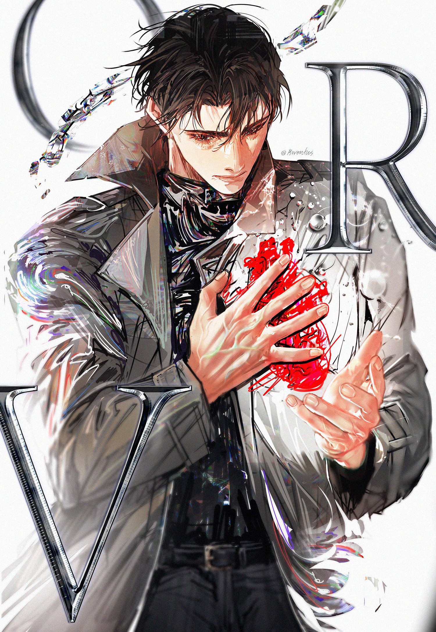 yoo joonghyuk, omniscient reader's viewpoint, highres, 1boy, black coat, black eyes, black hair, black shirt, bubble, coat, copyright name, heart (organ), large hands, lens flare, light particles, looking at object, male focus, narrowed eyes, object floating above hand, open clothes, open coat, popped collar, railroad tracks, roventus, shirt, short hair, solo