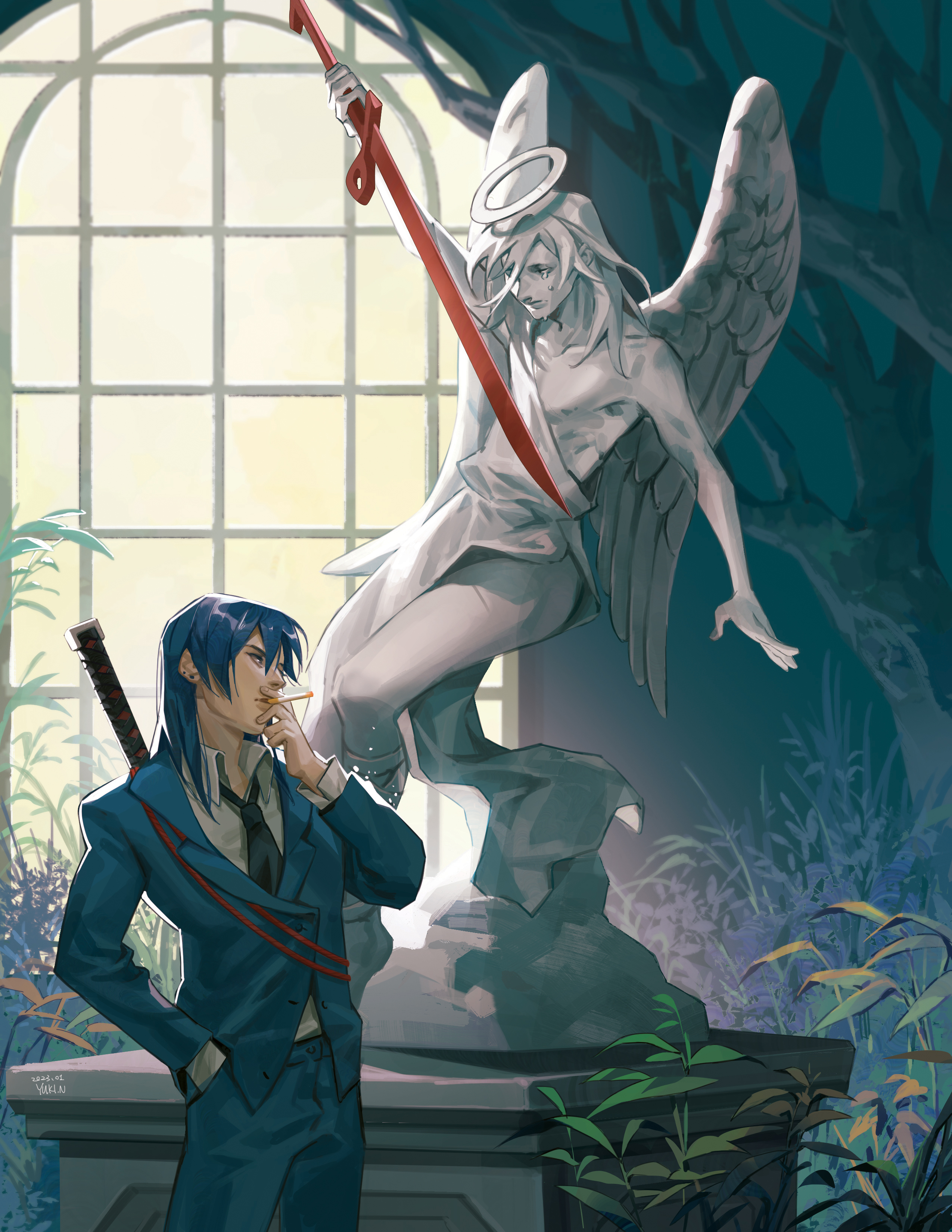 yukinnn, angel devil (chainsaw man), hayakawa aki, chainsaw man, absurdres, highres, 2boys, angel statue, angel wings, black necktie, blue hair, blue jacket, blue pants, blue suit, cigarette, collared shirt, formal clothes, hair between eyes, halo, hand in pocket, holding, holding cigarette, holding sword, holding weapon, jacket, long hair, male focus, medium hair, multiple boys, necktie, pants, plug (piercing), shirt, smoking, statue, suit, suit jacket, sword, weapon, weapon on back, white shirt, window, wings