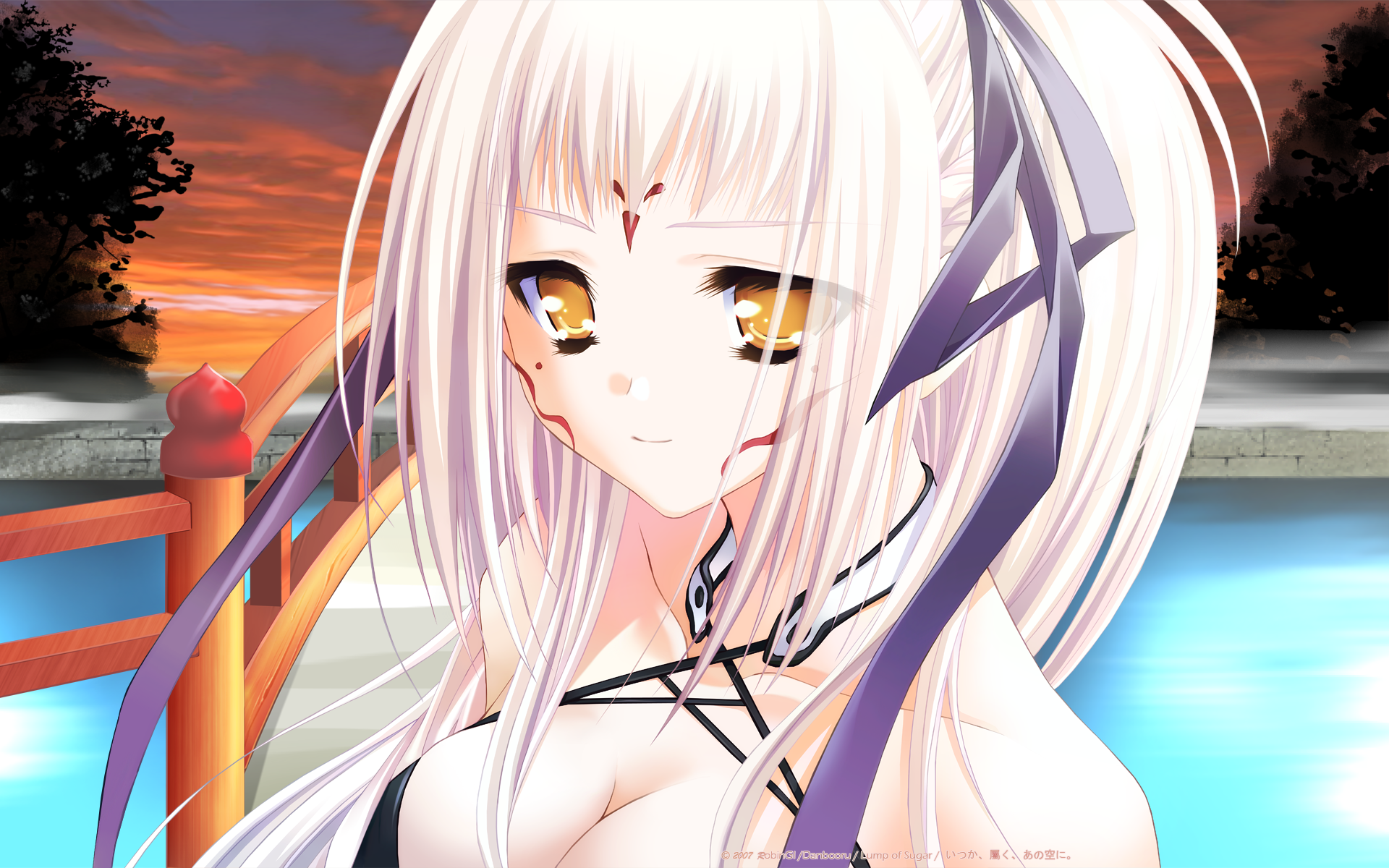 moekibara fumitake, robingi, asuku san, itsuka todoku ano sora ni, game cg, highres, 1girl, breasts, cleavage, close-up, facial mark, female focus, forehead mark, hair ribbon, large breasts, long hair, outdoors, ponytail, pool, poolside, ribbon, sky, smile, solo, sunset, tree, water, white hair, yellow eyes