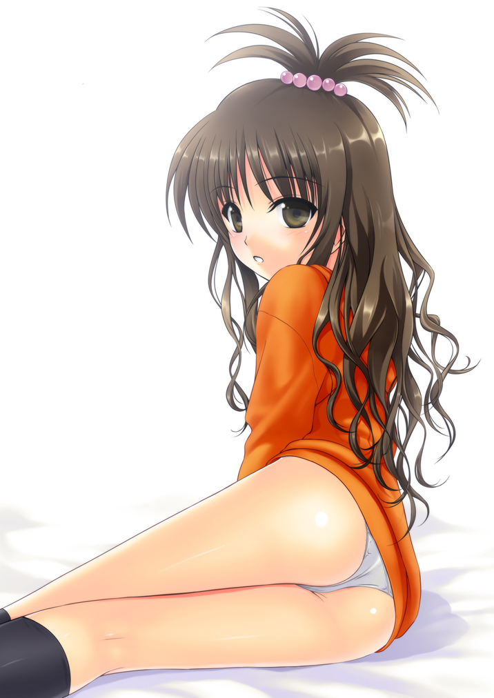 40010prototype, yuuki mikan, to love-ru, 00s, 1girl, ass, blush, bottomless, brown eyes, brown hair, female focus, long hair, looking back, lying, no pants, on side, open mouth, panties, solo, underwear, white panties