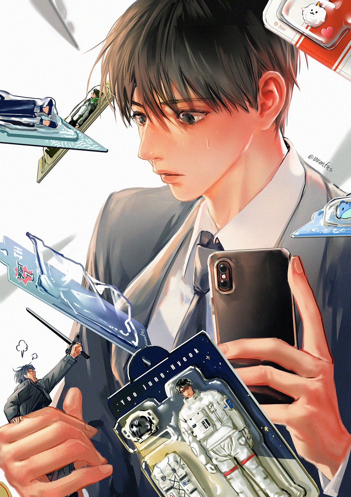 biyoo (omniscient reader's viewpoint), yoo joonghyuk, omniscient reader's viewpoint, highres, 1boy, action figure, astronaut, black coat, black eyes, black hair, black necktie, cardboard, character doll, character name, coat, collared shirt, doll, floating, floating object, holding, holding phone, looking at object, multiple views, necktie, phone, plastic wrap, roventus, shirt, short hair, surprised, toy, upper body, white shirt, wide-eyed