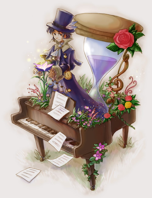 fuju, frederic chopin (trusty bell), trusty bell, 1boy, flower, grand piano, hat, hourglass, instrument, male focus, piano, red flower, red rose, rose, sheet music, solo, yellow flower, yellow rose