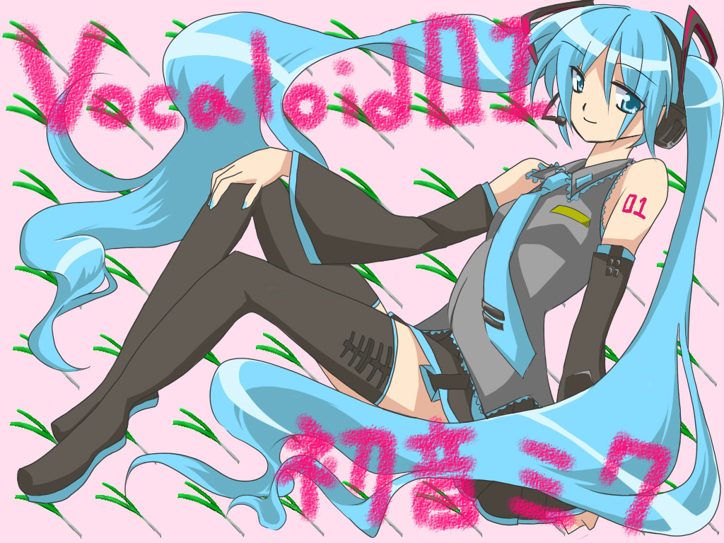 kago, hatsune miku, vocaloid, bad id, bad piapro id, 1girl, bad anatomy, blue eyes, blue hair, character name, detached sleeves, female focus, headset, long hair, matching hair/eyes, necktie, poorly drawn, sitting, skirt, solo, spring onion, thighhighs, twintails, very long hair
