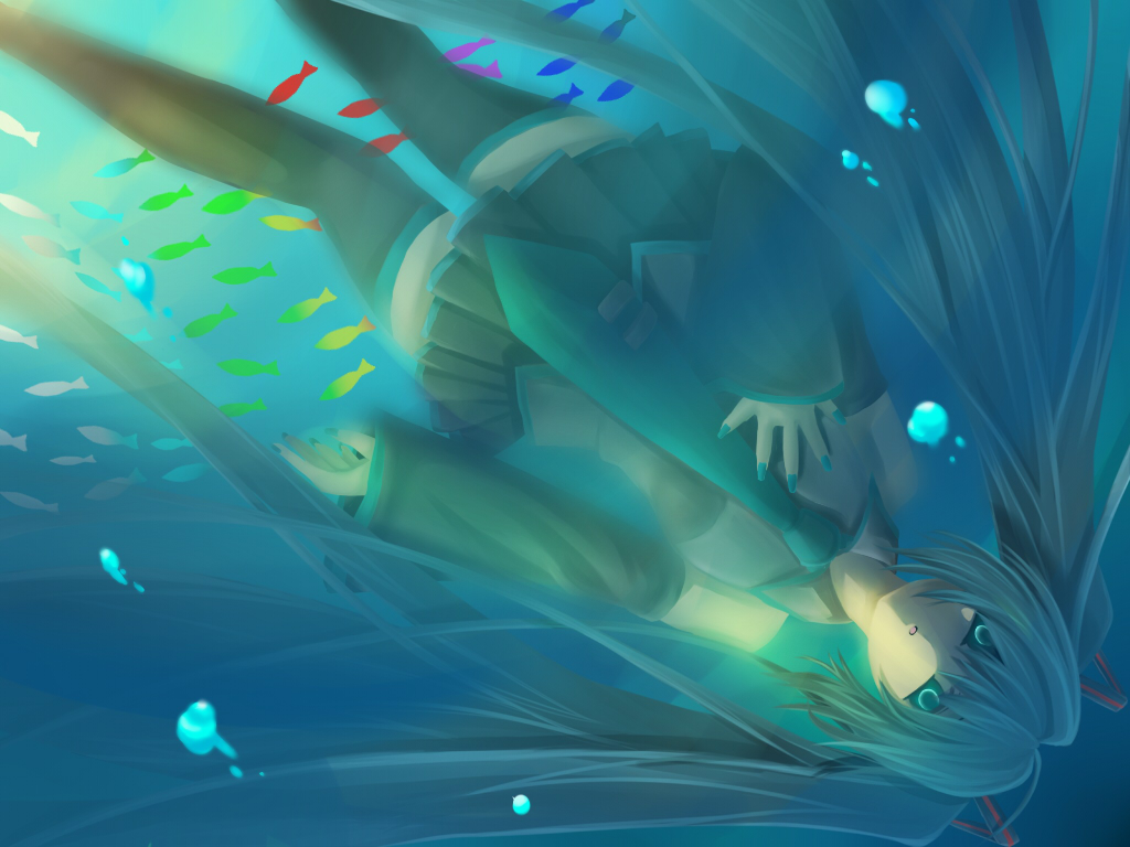 kago, hatsune miku, vocaloid, bad id, bad pixiv id, aqua eyes, aqua hair, detached sleeves, long hair, necktie, skirt, thighhighs, twintails, underwater, very long hair