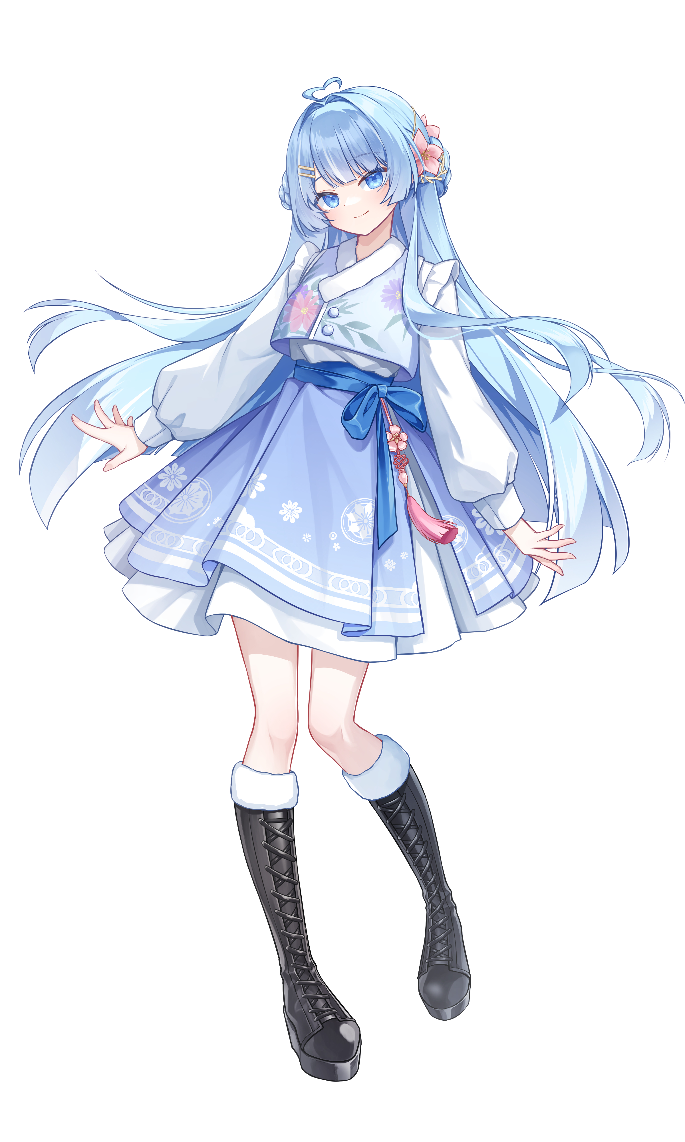 namha76, arahashi tabi, stellive, absurdres, highres, 1girl, ahoge, black boots, blue eyes, blue hair, boots, floating hair, flower, full body, hair flower, hair ornament, hairclip, hanbok, knee boots, korean clothes, long hair, long sleeves, looking at viewer, parallel hairclips, pink flower, simple background, smile, solo, standing, tassel, virtual youtuber, white background