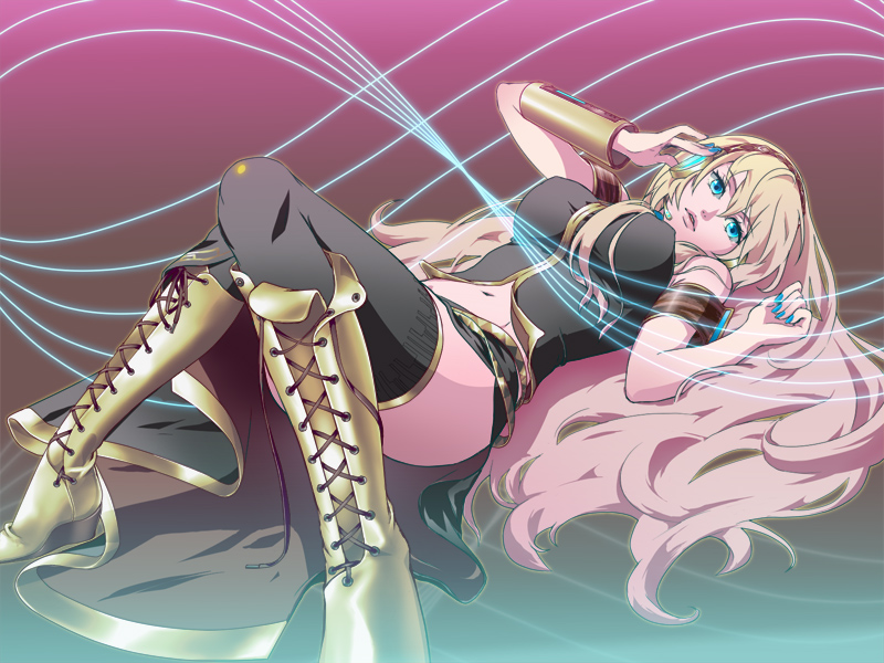 pizza (pizzania company), xpizzeriax, megurine luka, vocaloid, bad id, bad pixiv id, 1girl, aqua eyes, bare shoulders, blue eyes, blue nails, boots, breasts, female focus, headphones, knee boots, large breasts, lipstick, long hair, long skirt, lying, makeup, midriff, nail polish, side slit, skirt, solo, thighhighs, upskirt, very long hair
