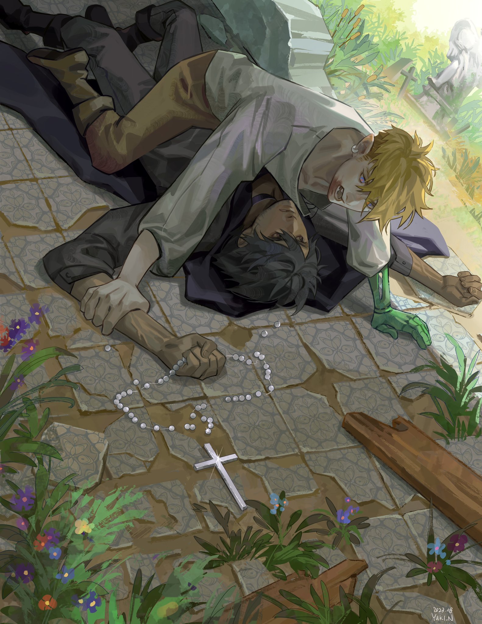 yukinnn, nicholas d. wolfwood, vash the stampede, trigun, highres, 2boys, black boots, black choker, black hair, black jacket, black pants, blonde hair, blood, blood from mouth, blue eyes, boots, brown boots, brown eyes, brown pants, choker, earrings, graveyard, hair between eyes, holding another's arm, jacket, jewelry, male focus, mechanical arms, multiple boys, open mouth, pants, pinned, rosary, shirt, short hair, single mechanical arm, white shirt, yaoi
