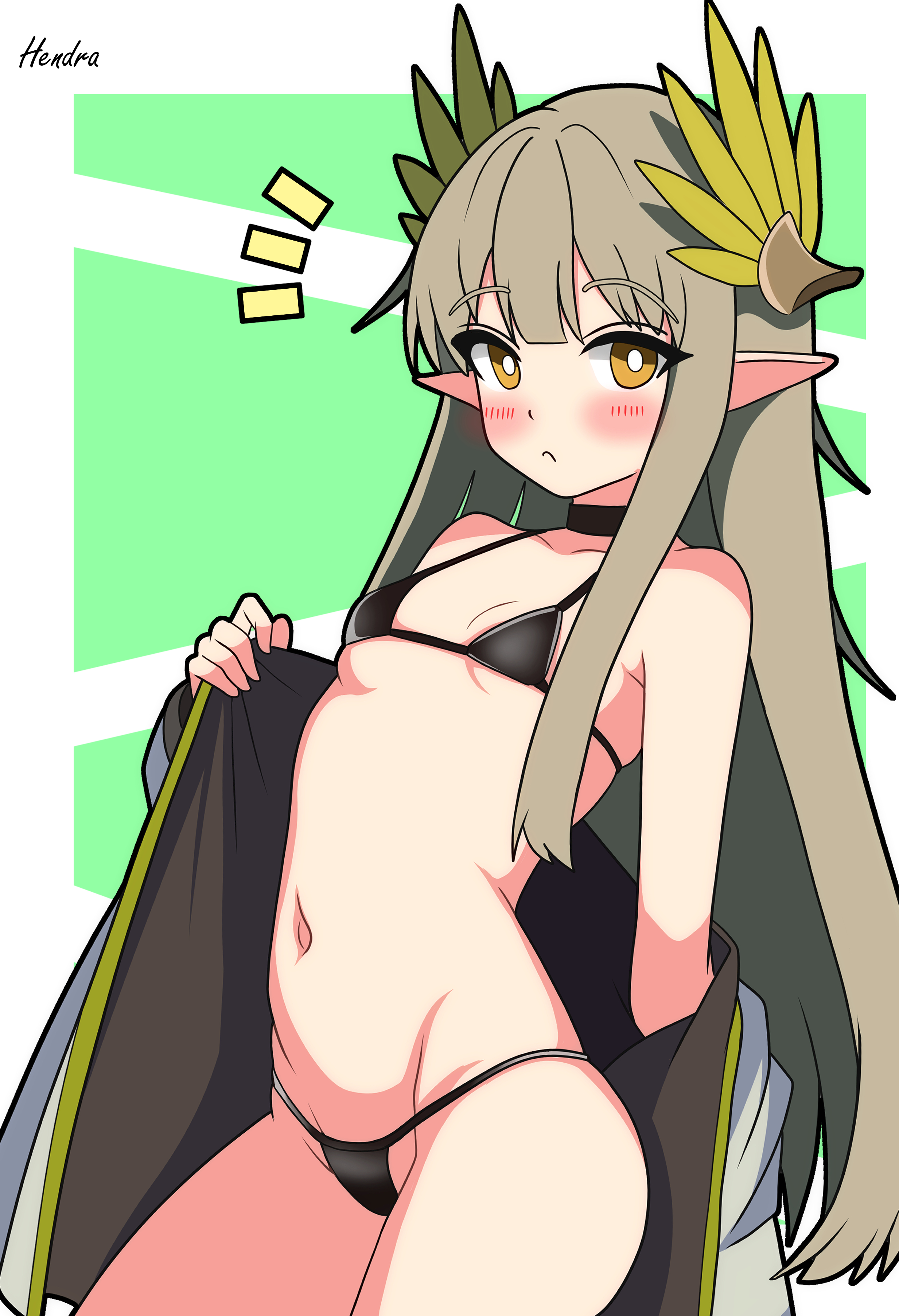 hendra, muelsyse (arknights), arknights, absurdres, highres, 1girl, artist name, bikini, black bikini, black choker, blush, breasts, brown eyes, choker, closed mouth, cowboy shot, green background, grey hair, long hair, looking at viewer, mole, navel, notice lines, pointy ears, signature, simple background, small breasts, solo, string bikini, swimsuit, very long hair