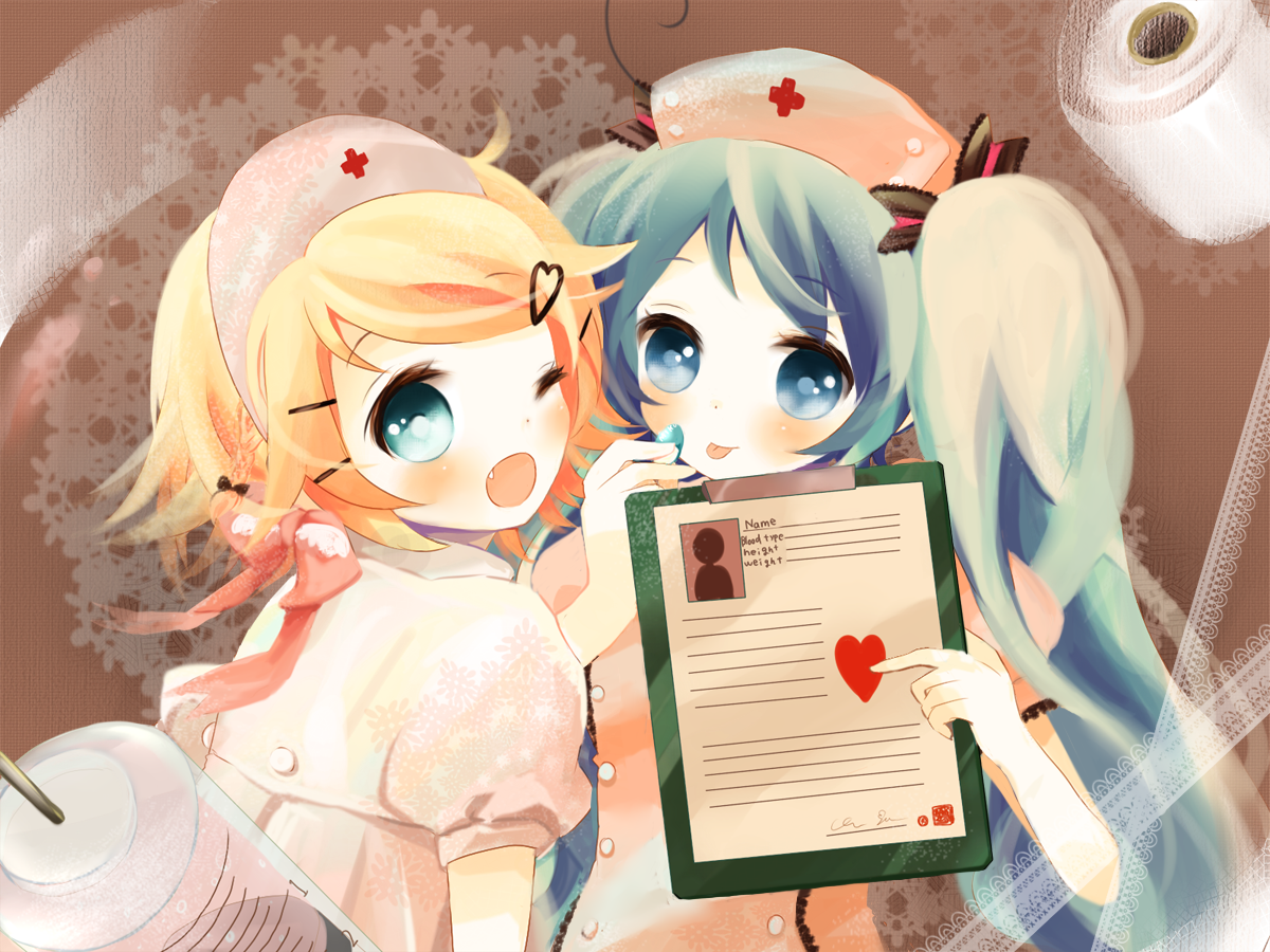 yukino gumi, hatsune miku, kagamine rin, koiiro byoutou (vocaloid), vocaloid, bad id, bad pixiv id, 2girls, clipboard, fang, hat, multiple girls, nurse, nurse cap, one eye closed, syringe, tongue, wink