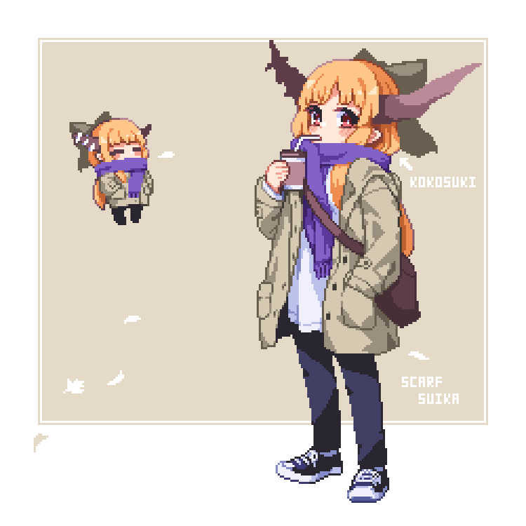 kumamoto (bbtonhk2), ibuki suika, touhou, commentary request, 1girl, bag, black pants, black shoes, blush stickers, border, bow, brown horns, character name, chibi, coat, cup, disposable cup, drinking, drinking straw, full body, grey background, grey bow, grey coat, hair bow, holding, holding cup, horns, long hair, long sleeves, multiple views, open clothes, open coat, orange hair, outside border, pants, pixel art, purple scarf, red eyes, romaji text, scarf, shirt, shoes, standing, white border, white shirt