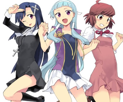 aoba tsugumi, nagi, zange, kannagi, lowres, non-web source, 00s, 3girls, aqua hair, blue hair, cross, dress, hair ornament, multiple girls, purple eyes, ribbon, siblings, sisters, skirt