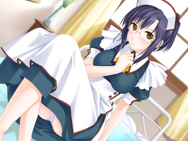 ginta, kazami suzuka, amanatsu, game cg, source request, 1girl, bed, black hair, blue hair, blue panties, blush, brown eyes, dutch angle, female focus, glasses, hair up, maid, panties, pantyshot, sitting, solo, underwear, upskirt, yellow eyes