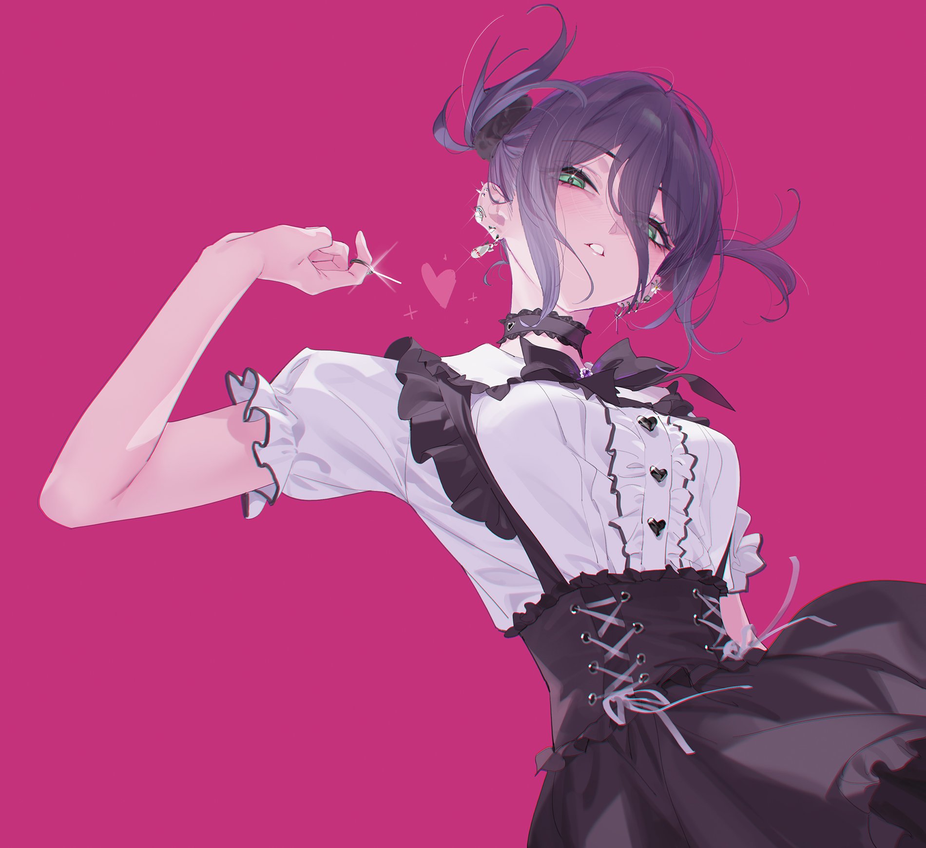 yd (orange maru), reze (chainsaw man), chainsaw man, commentary request, highres, 1girl, alternate costume, alternate hairstyle, black choker, black scrunchie, black skirt, blush, breasts, center frills, choker, ear piercing, earrings, frilled shirt, frills, green eyes, grenade pin, hair between eyes, hair ornament, hair scrunchie, high-waist skirt, jewelry, jirai kei, long hair between eyes, looking at viewer, medium breasts, open mouth, parted lips, piercing, pink background, purple hair, scrunchie, shirt, short hair, short sleeves, simple background, skirt, solo, twintails, upper body, white shirt