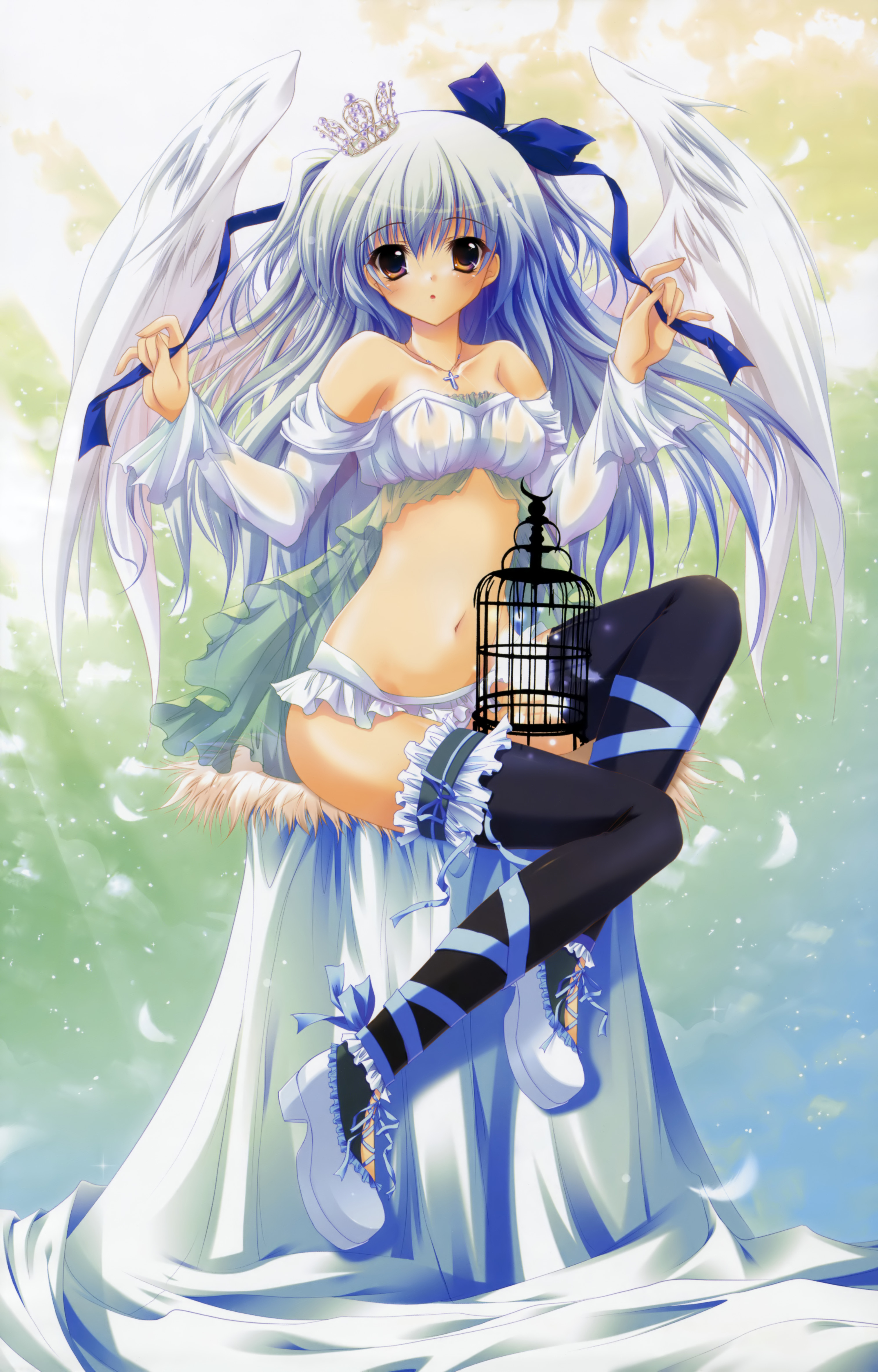 izumi tsubasu, absurdres, character request, copyright request, highres, source request, 1girl, angel, angel wings, ankle lace-up, bare shoulders, birdcage, blue hair, blush, bow, cage, cross, crown, feathers, female focus, frilled thighhighs, frills, hair ribbon, jewelry, long legs, midriff, multicolored eyes, navel, necklace, open mouth, ribbon, solo, thighhighs, wings, yellow eyes