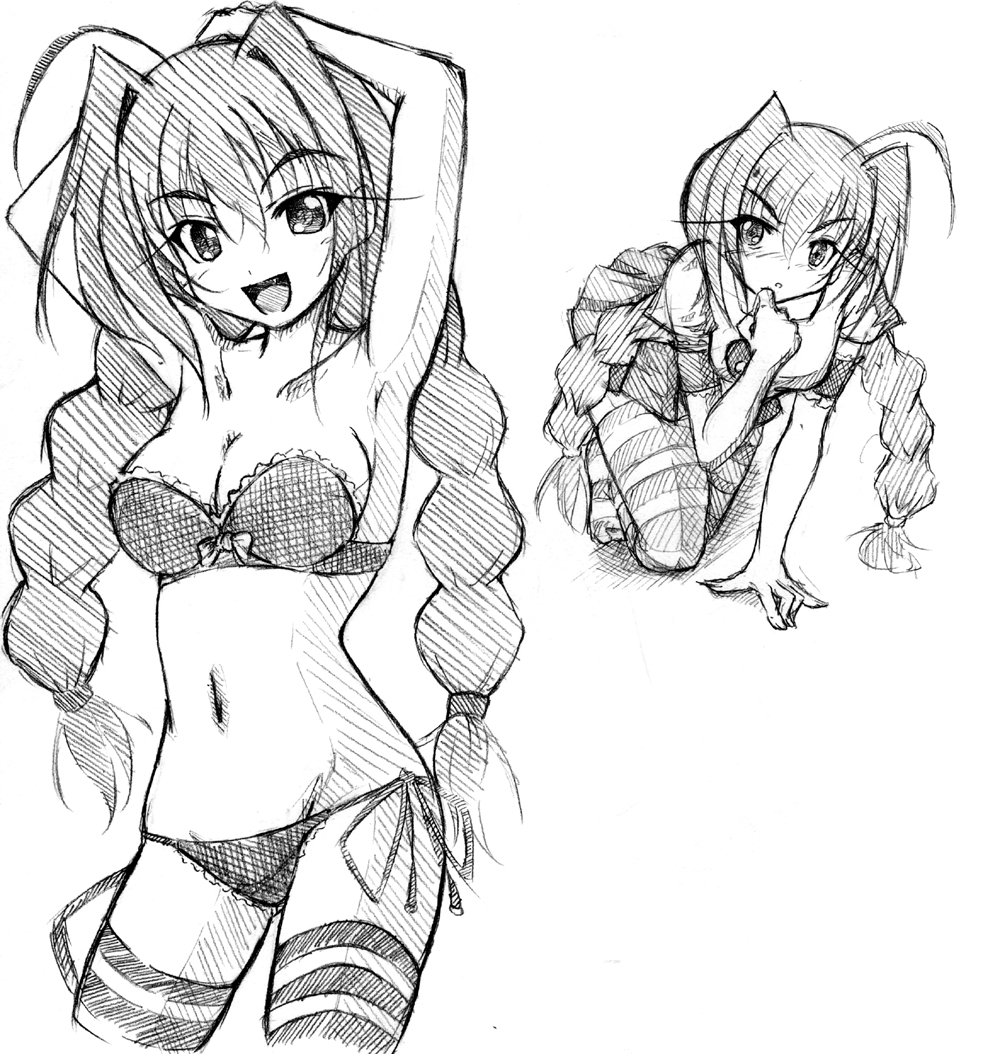 vita (nanoha), lyrical nanoha, mahou shoujo lyrical nanoha, mahou shoujo lyrical nanoha strikers, bad id, bad pixiv id, non-web source, 00s, 1girl, aged up, bra, braid, greyscale, lingerie, monochrome, navel, panties, side-tie panties, simple background, sketch, striped clothes, striped thighhighs, thighhighs, twin braids, underwear, underwear only, white background