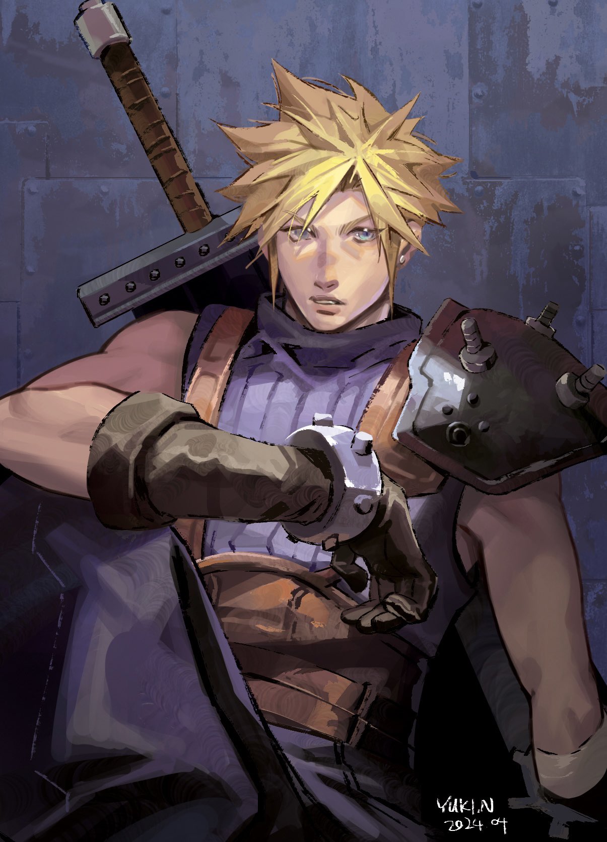 yukinnn, cloud strife, final fantasy, final fantasy vii, final fantasy vii remake, highres, 1boy, armor, armored gloves, artist name, baggy pants, belt, black gloves, blonde hair, blue eyes, blue pants, blue shirt, brown belt, dated, earrings, gloves, jewelry, male focus, pants, parted lips, pauldrons, shirt, short hair, shoulder armor, single earring, single pauldron, sitting, sleeveless, sleeveless turtleneck, solo, spiked hair, suspenders, sword, sword on back, turtleneck, weapon, weapon on back