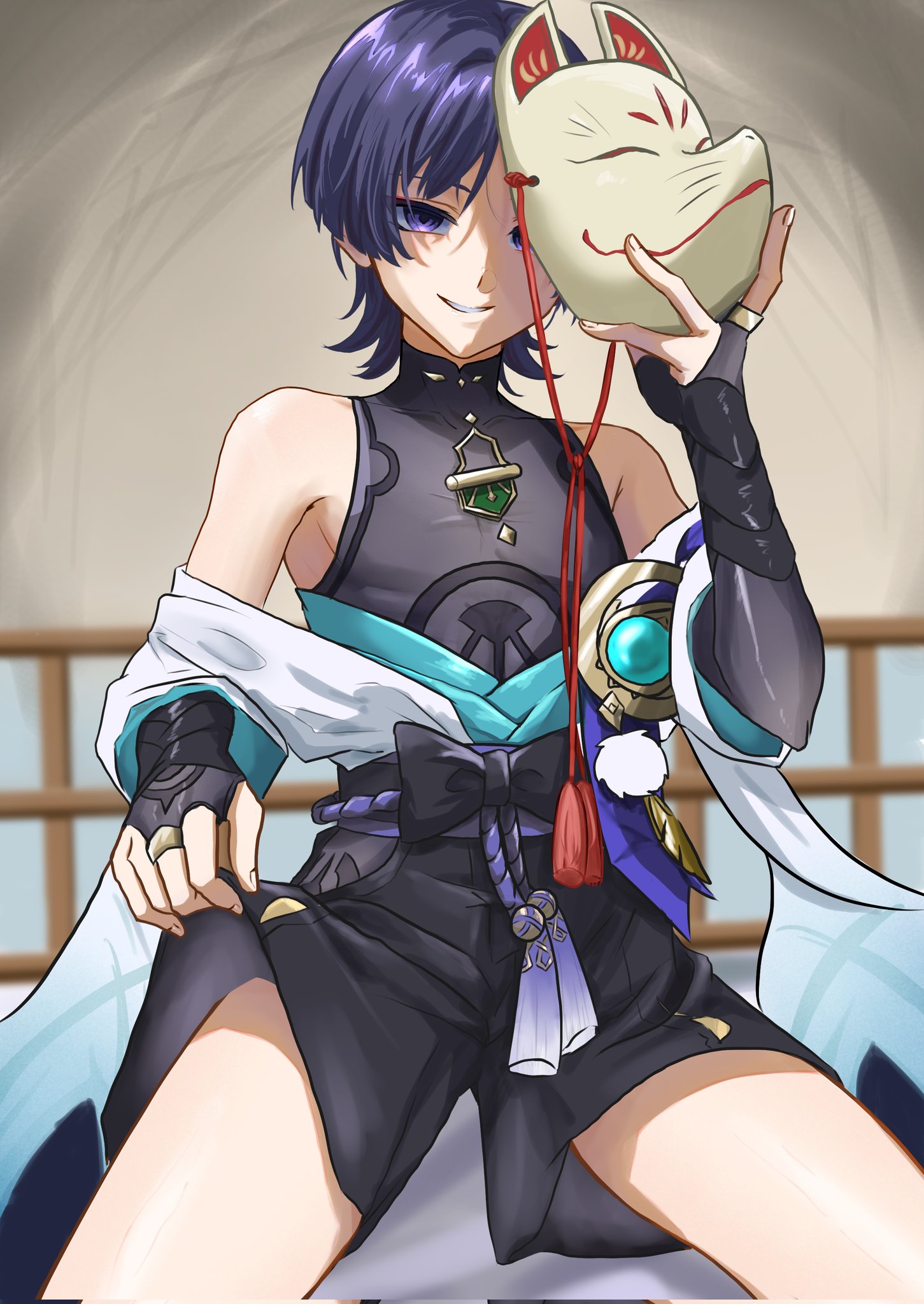 purinigax, scaramouche (genshin impact), wanderer (genshin impact), genshin impact, highres, 1boy, aqua gemstone, aqua kimono, arm at side, armor, armpit crease, belt, black belt, black bodysuit, black bow, black bridal gauntlets, black shorts, blunt ends, bodysuit, bow, bridal gauntlets, clothing cutout, covered collarbone, cowboy shot, empty eyes, eyeliner, eyeshadow, feathers, fingernails, fox mask, furisode, gem, gold ring, hand up, hip vent, holding, holding mask, japanese armor, japanese clothes, juban, kimono, kote, kurokote, looking at viewer, makeup, male focus, mandarin collar, mask, mask over one eye, middle ring, off shoulder, open clothes, open kimono, parted lips, pectorals, pom pom (clothes), purple eyes, purple hair, purple rope, purple sash, red eyeliner, red eyeshadow, rope, sash, shorts, shorts lift, skin tight, smile, solo, tassel, tsurime, vision (genshin impact), white kimono, white mouth, yellow feathers